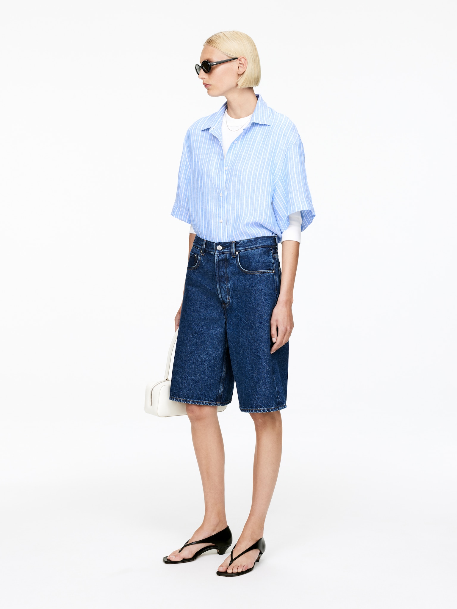 Long Denim Shorts - Bleu foncé/Blanc/Beige - 5