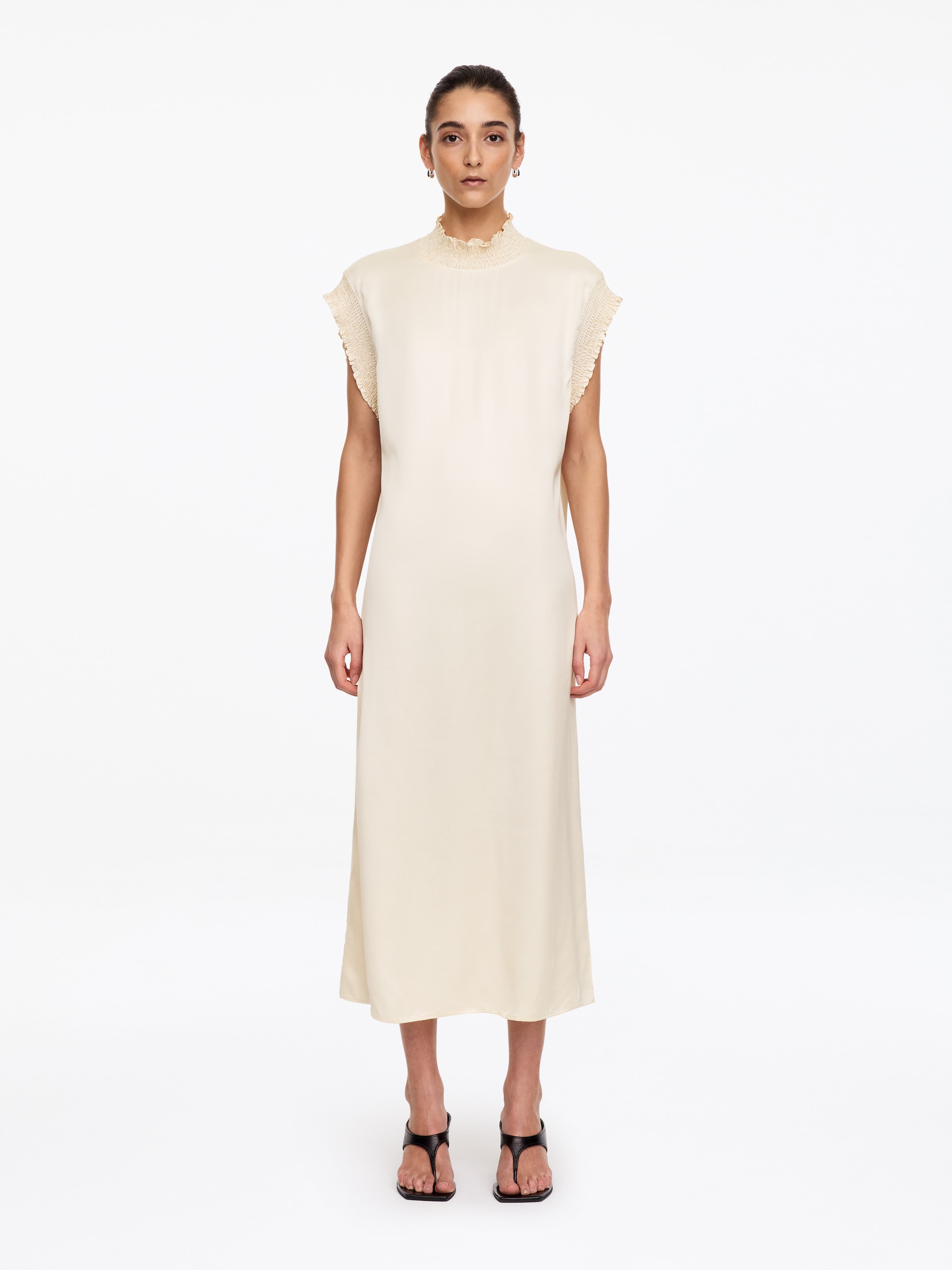 Abito midi con dettagli a punto smock-White-20996