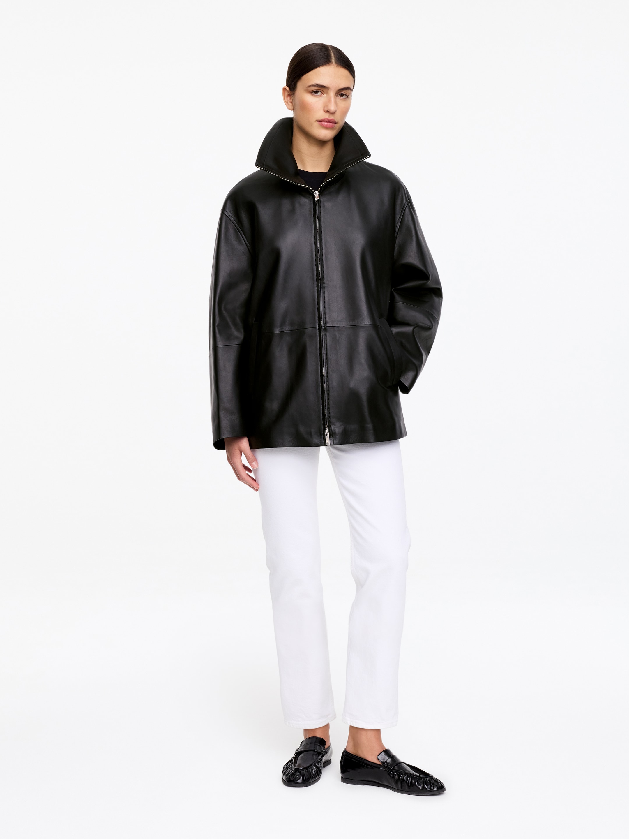 Funnel-Neck Leather Jacket-#252524-18557