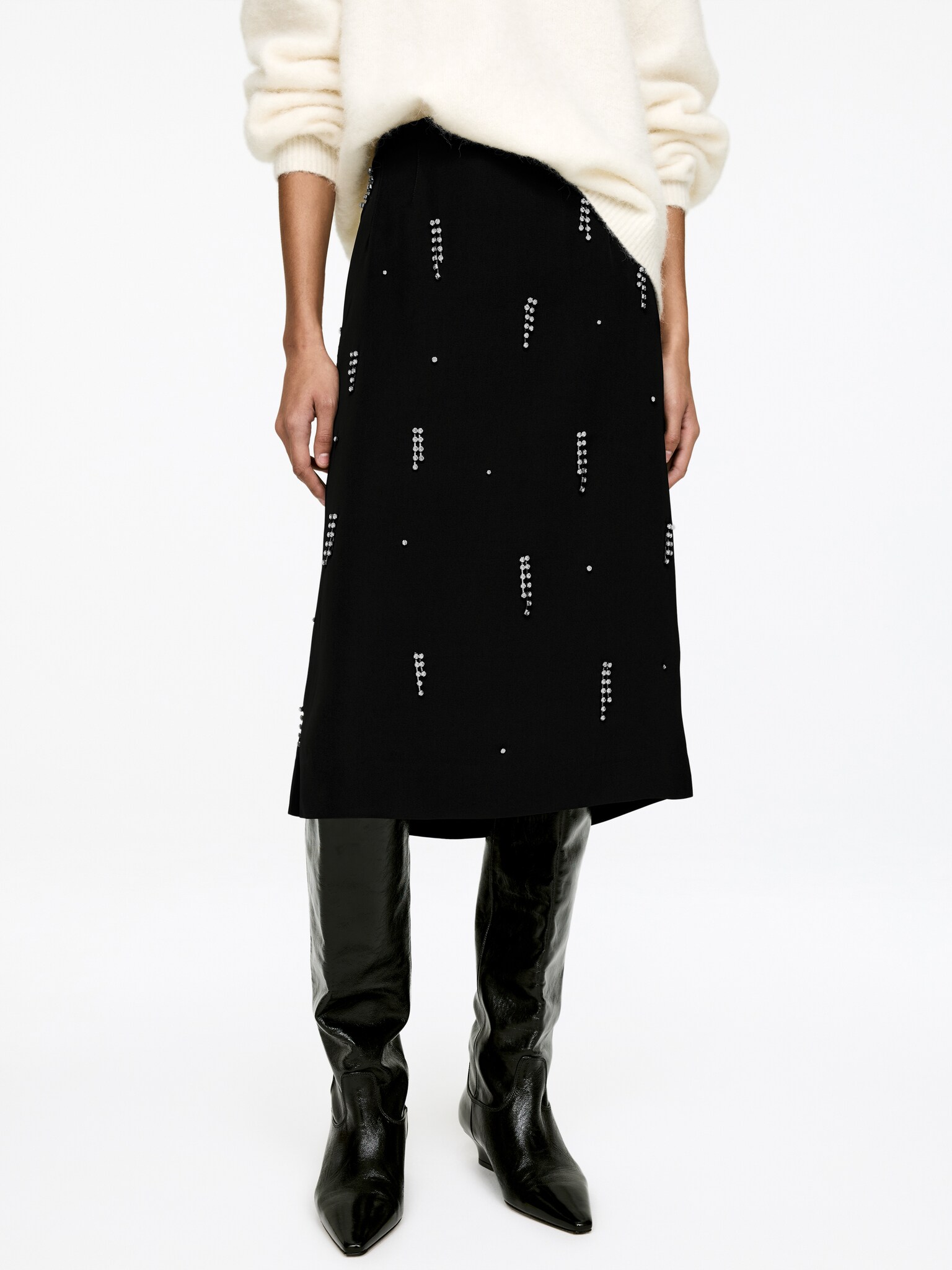 Rhinestone-Detail Midi Skirt - Black - 6