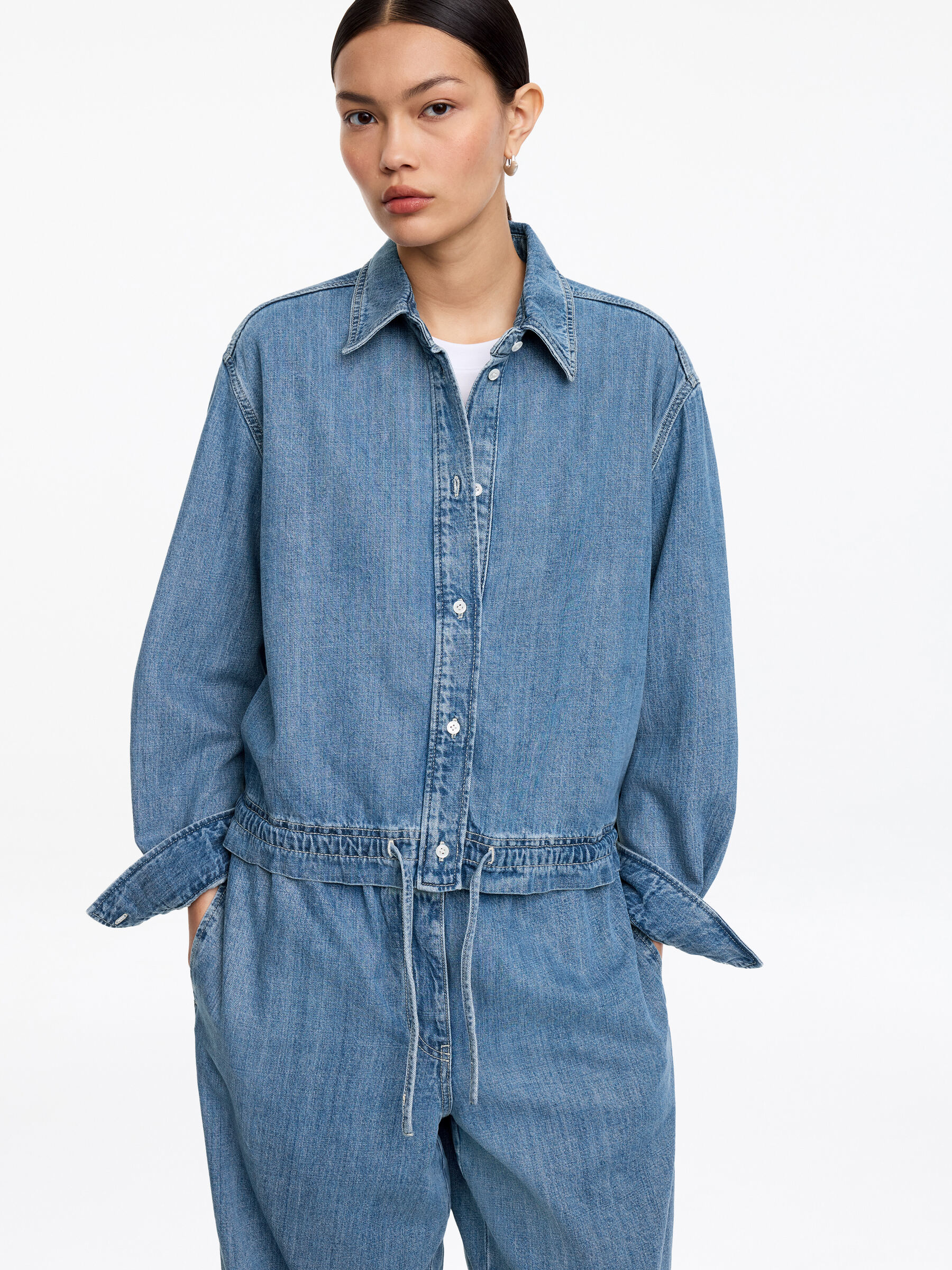 Drawstring Denim Blouse - Washed Blue - Regular fit - Women - StillMedia/Lookbook - 4