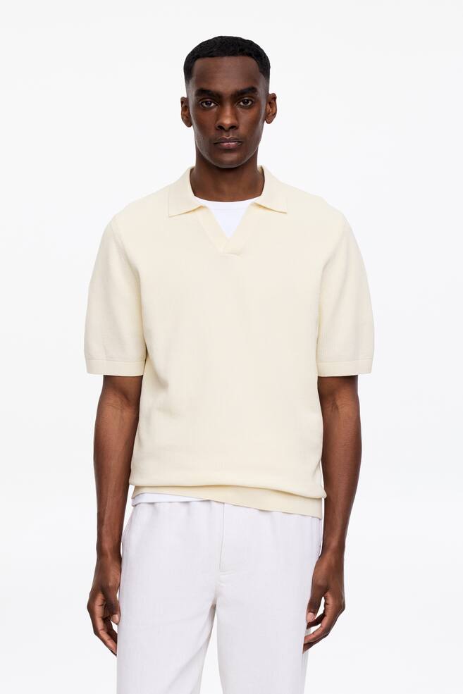 Textured Polo Shirt - Off White/Dark Blue - 1