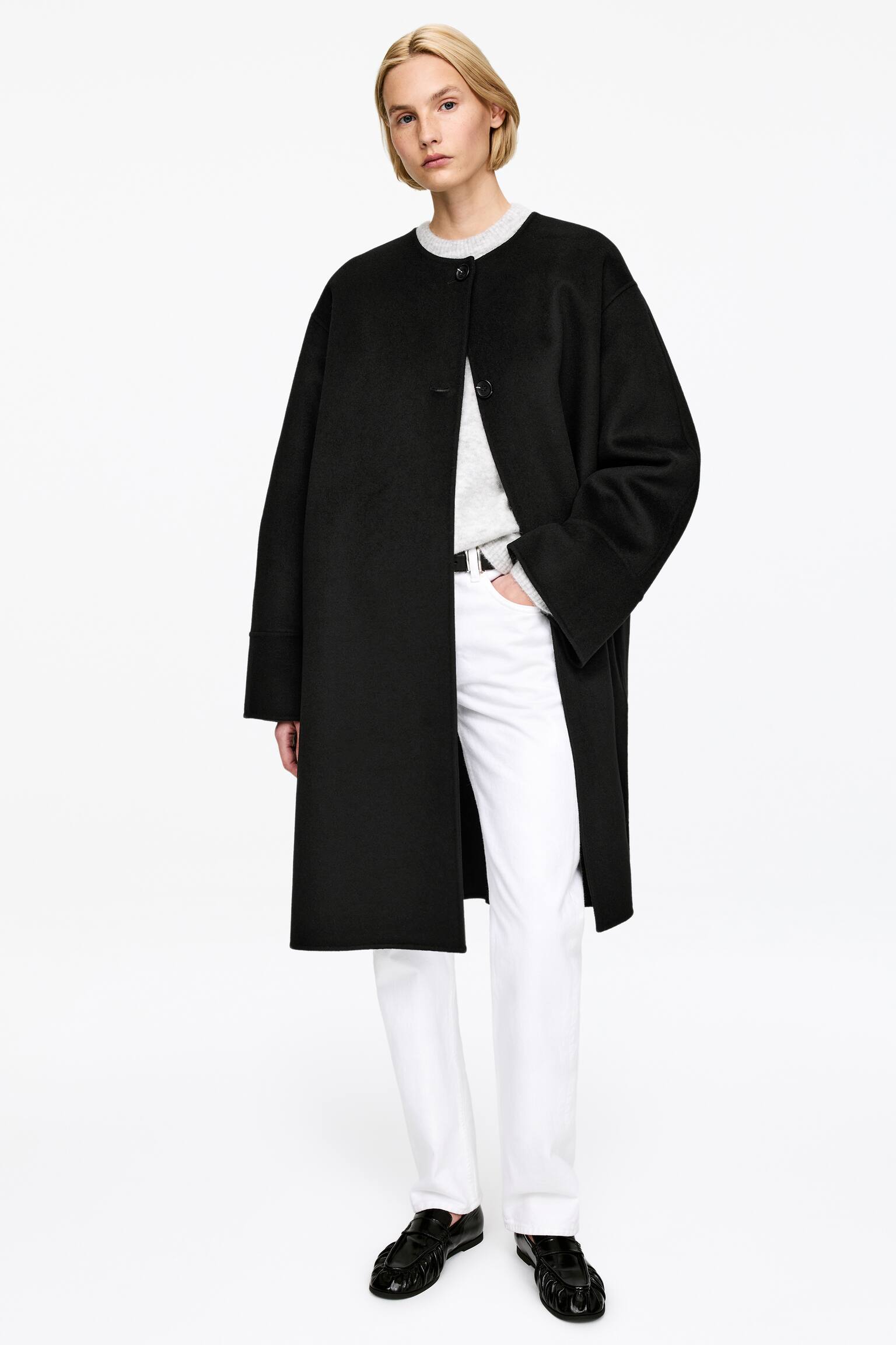 Płaszcz z podwójnej tkaniny z domieszką wełny - Czarny - 7