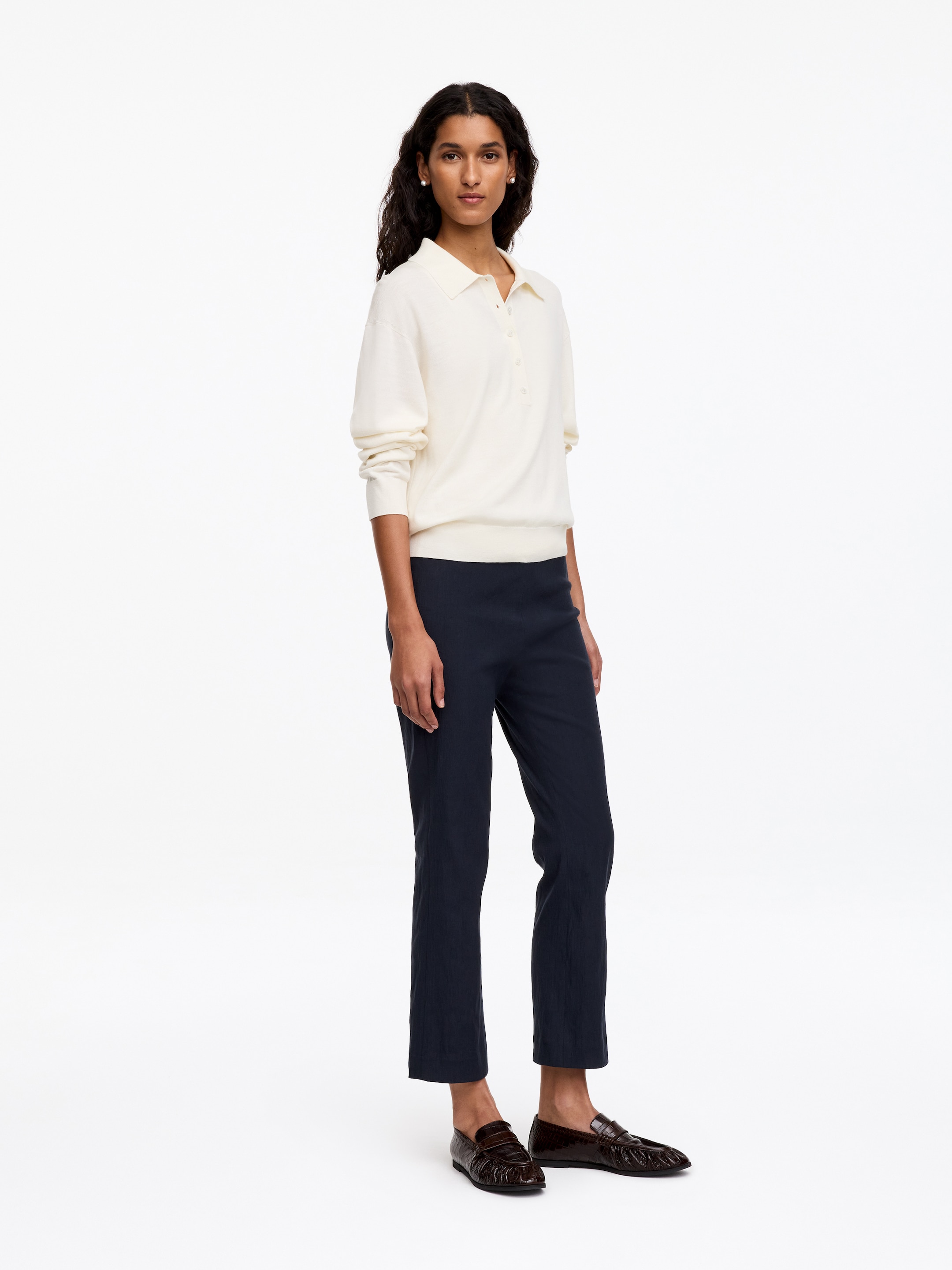Pantalones acampanados de lino y algodón - Azul oscuro - Corte ajustado - women - StillMedia/Lookbook - 2