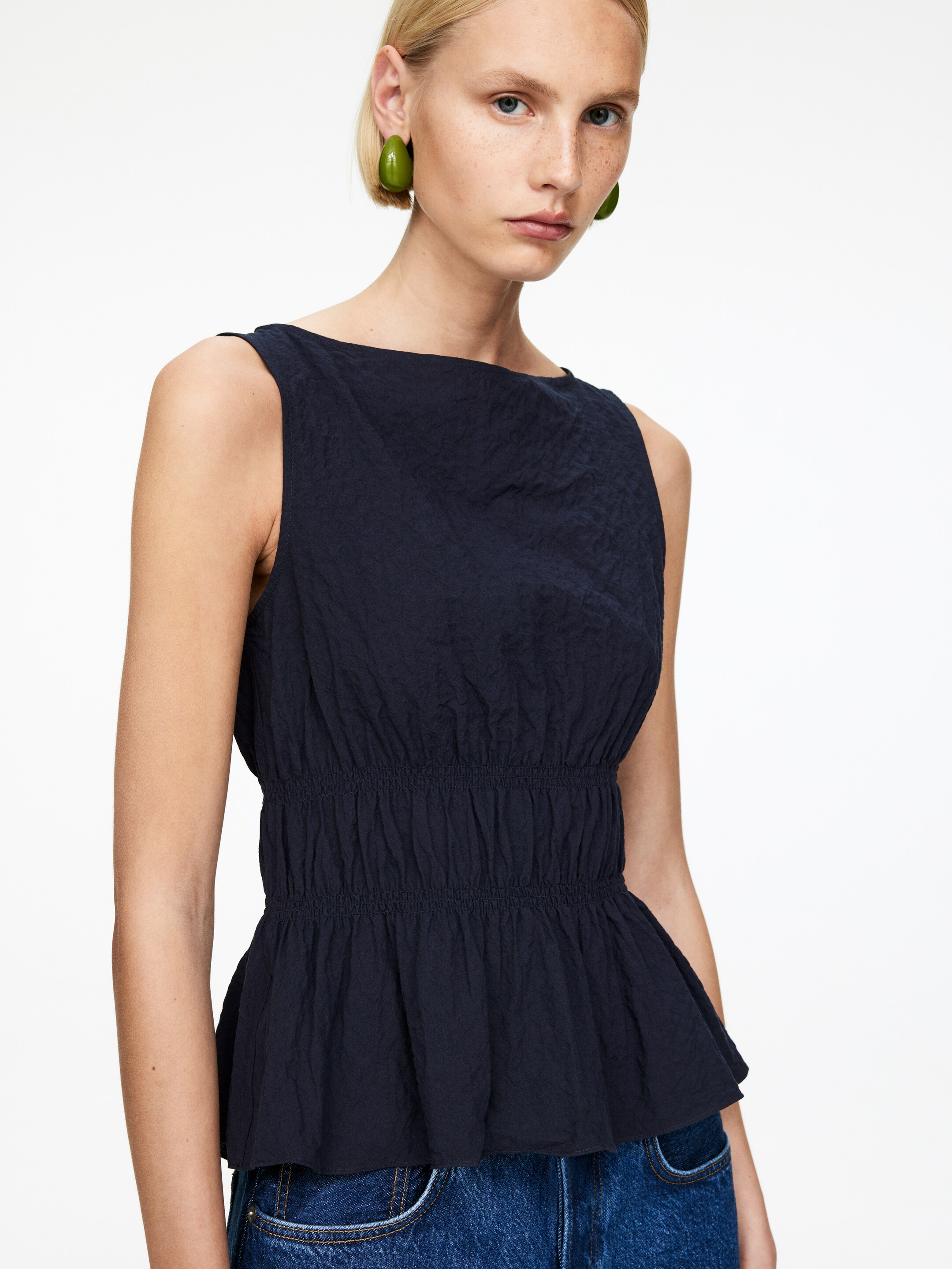 Agrandir l'image: Haut smocké en seersucker - Bleu foncé - FEMME | H&M FR 4