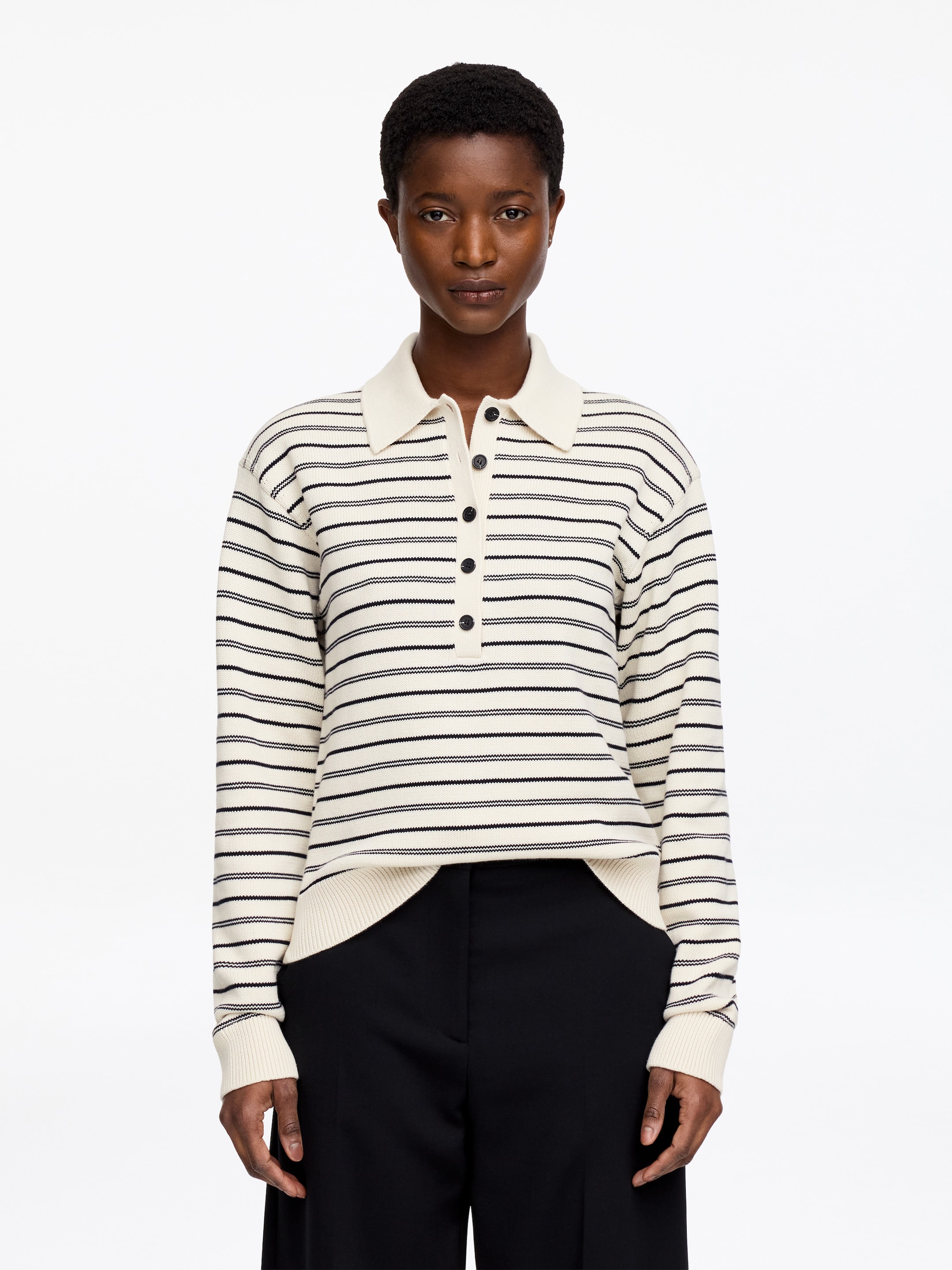 Knitted Polo Shirt - Beige/Striped - Regular fit - Women - StillMedia/Lookbook - 4