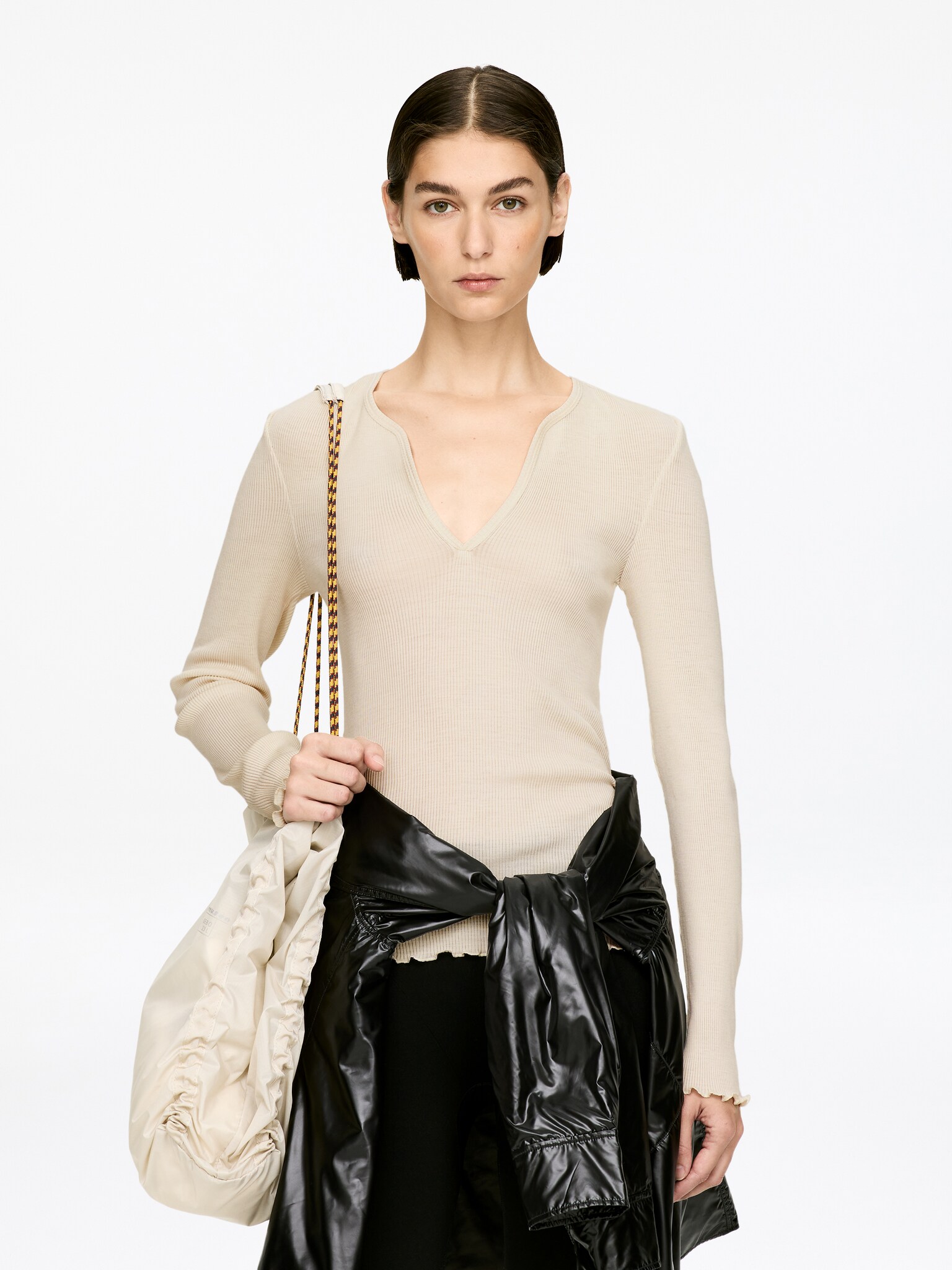 Haut côtelé en laine et soie - Blanc cassé/Noir - 1