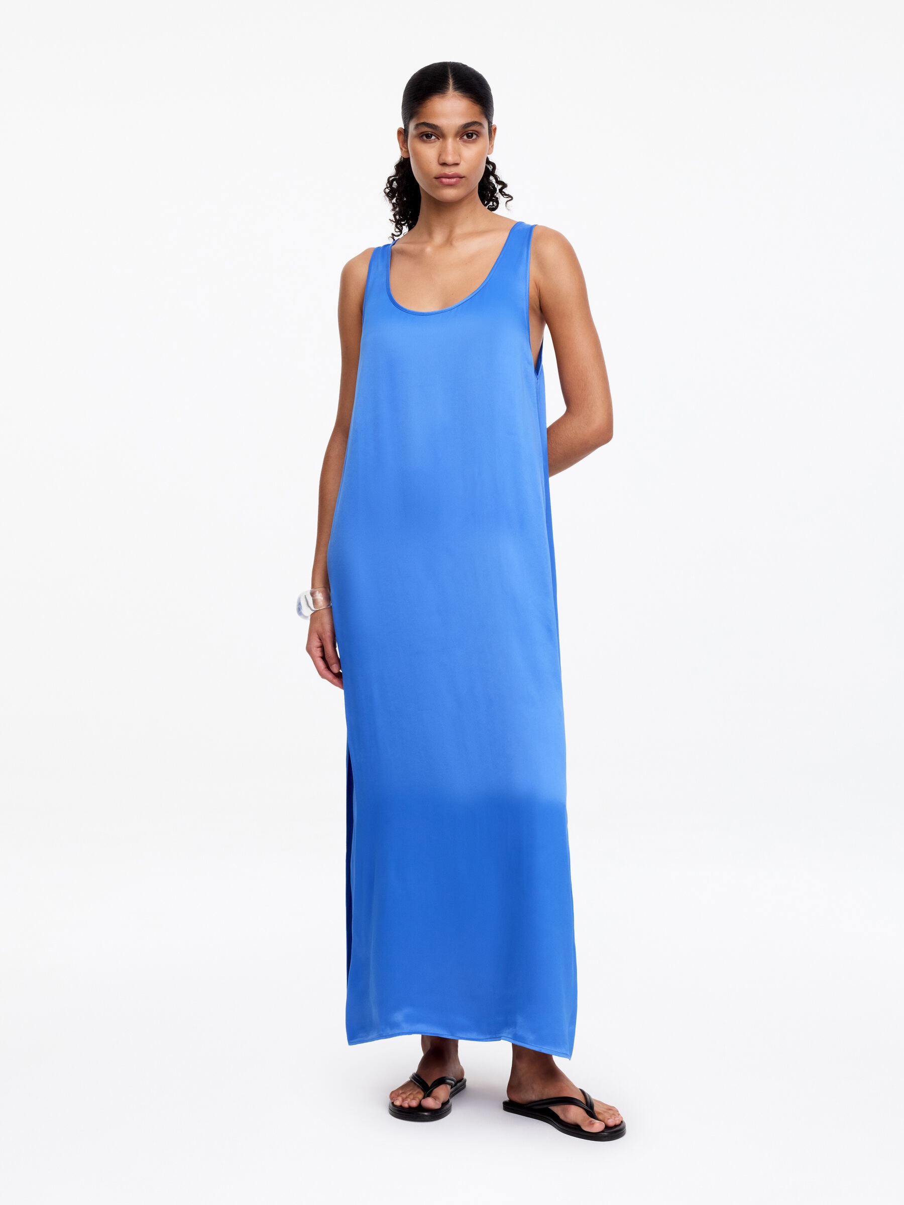 Sleeveless Satin Dress-#3B62A5-19140