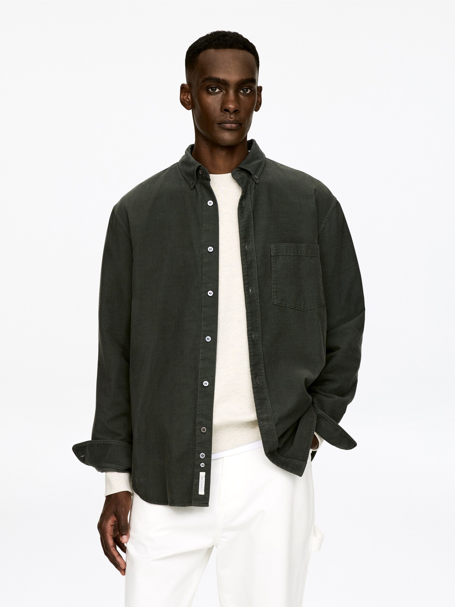 Relaxed Corduroy Shirt - Khaki Green/Dark Grey/Reddish Brown