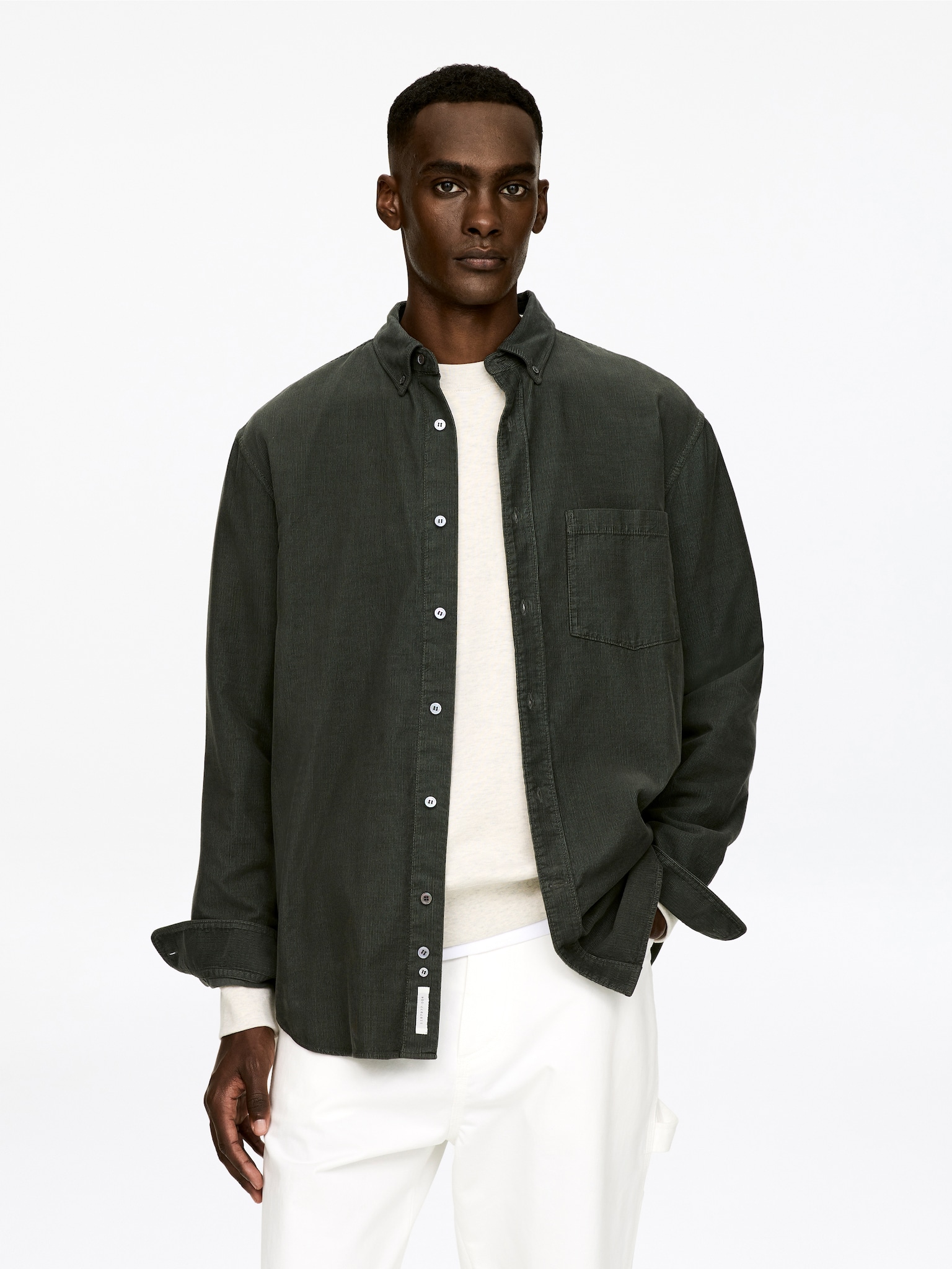 Relaxed Corduroy Shirt - Khaki Green/Dark Grey/Reddish Brown