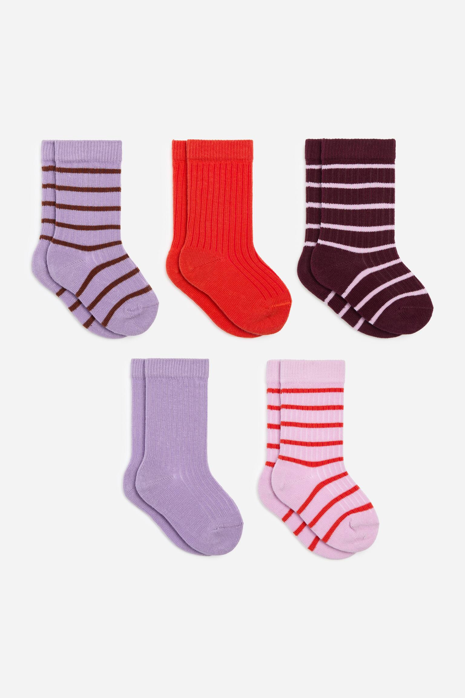 Rib Knit Baby Socks, 5 Pairs - Liliowy/wielokolorowy/Niebieski/wielokolorowy/Różowy/Pomarańczowy/Zielony/Niebieski/Zielony/Niebieski
