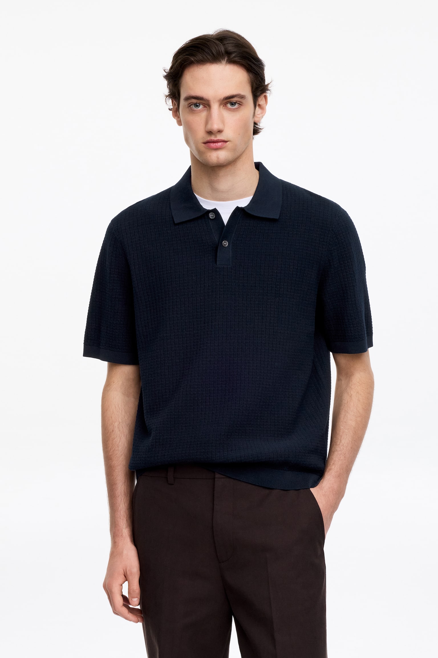 Strikket poloshirt i bomuld-Mørkeblå - 5