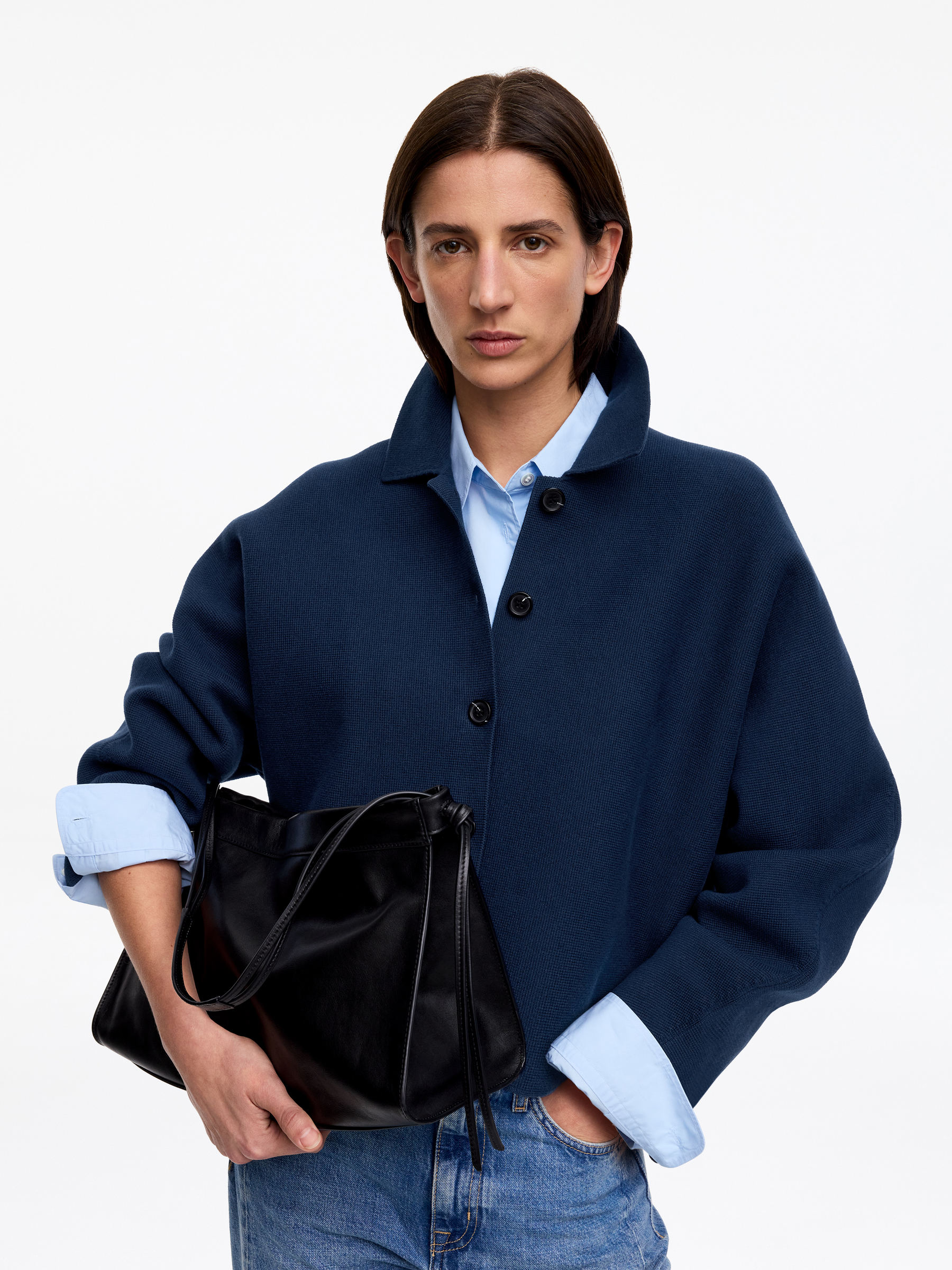 Knitted Cotton Jacket - Dark Blue - Loose fit - Women - StillMedia/Lookbook - 3