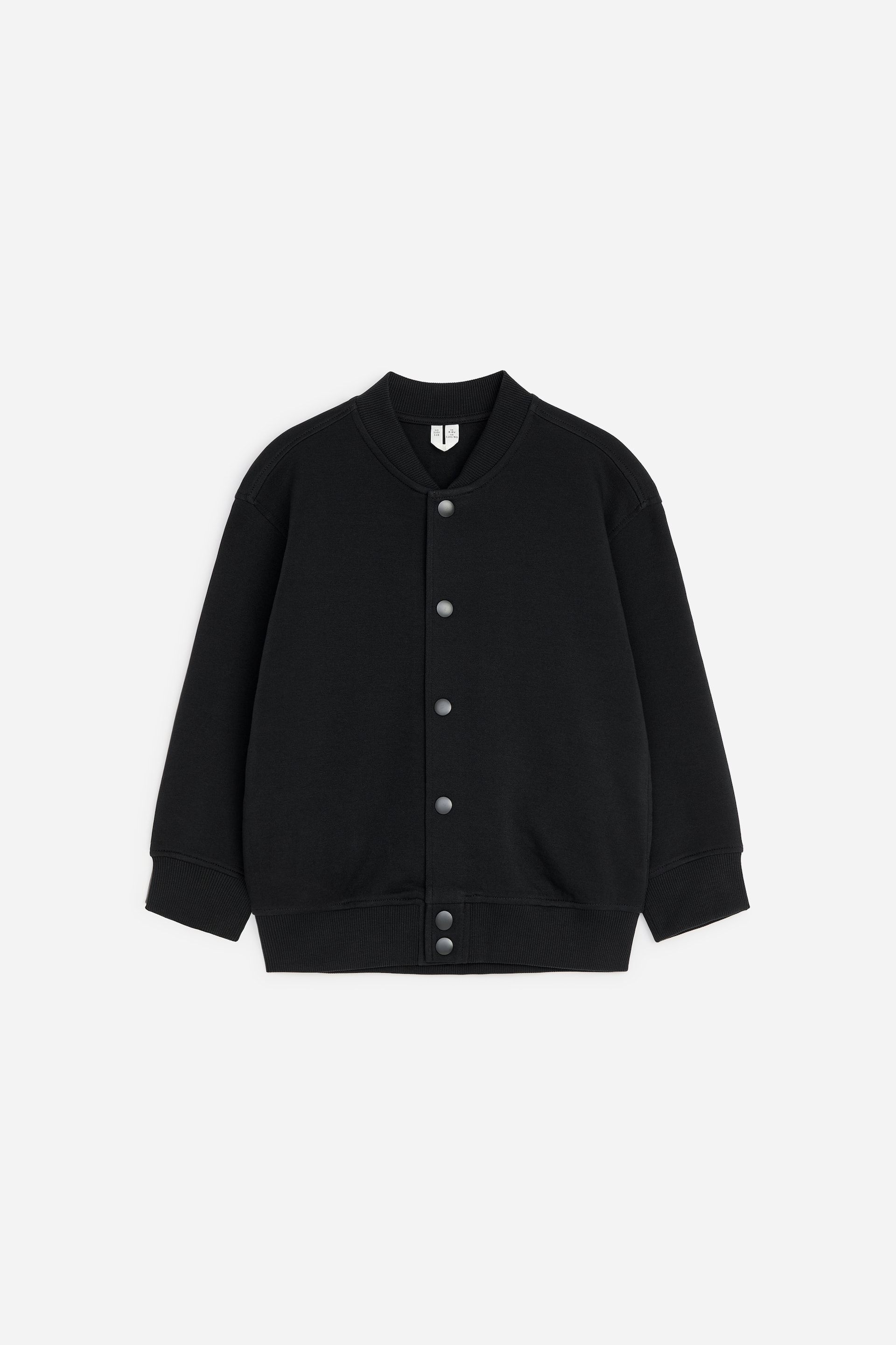 View larger image: A black bomber jacket is shown from the front, featuring a ribbed stand-up collar, silver-tone press studs down the front, ribbed cuffs, and a ribbed hem.