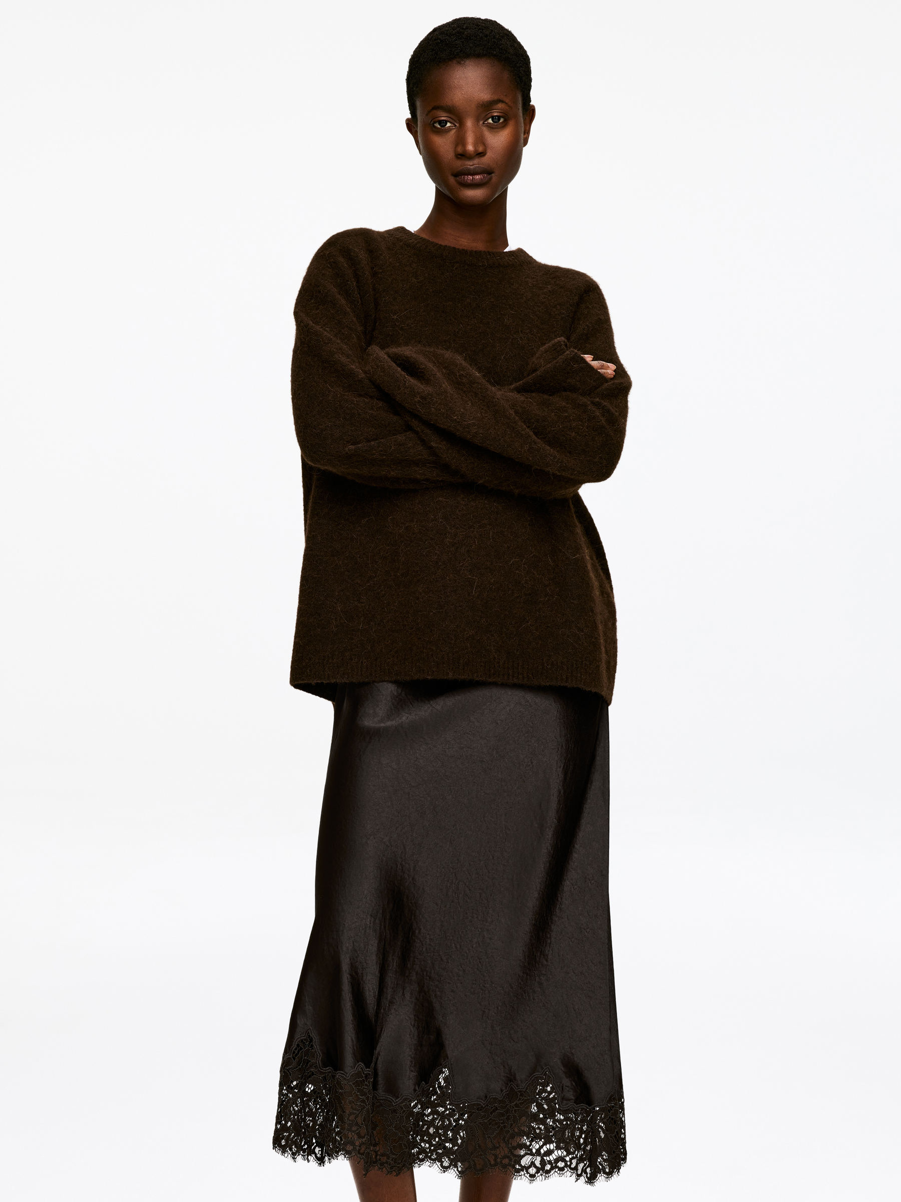 Jupe en satin avec finition en dentelle - Marron foncé - Regular fit - Femme - StillMedia/Lookbook - 7