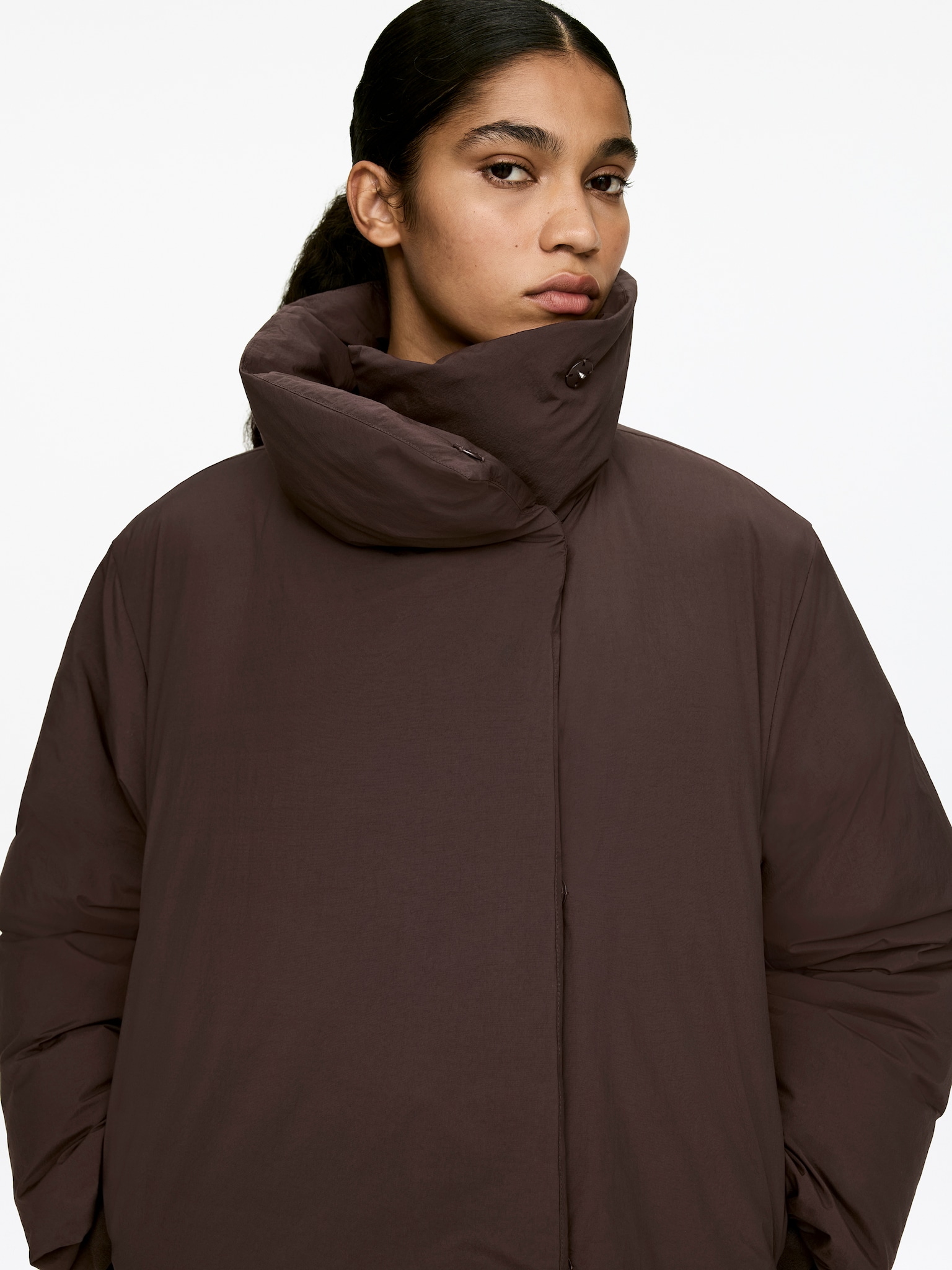 Upcycled Down High-Collar Jacket - Dark Brown/Black - 5