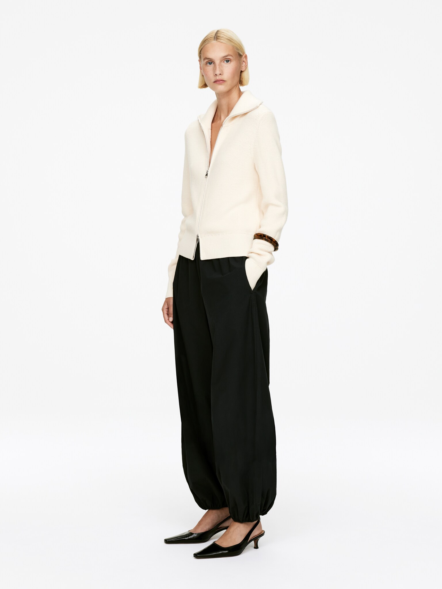Cardigan zippé en laine et coton - Blanc cassé - 6