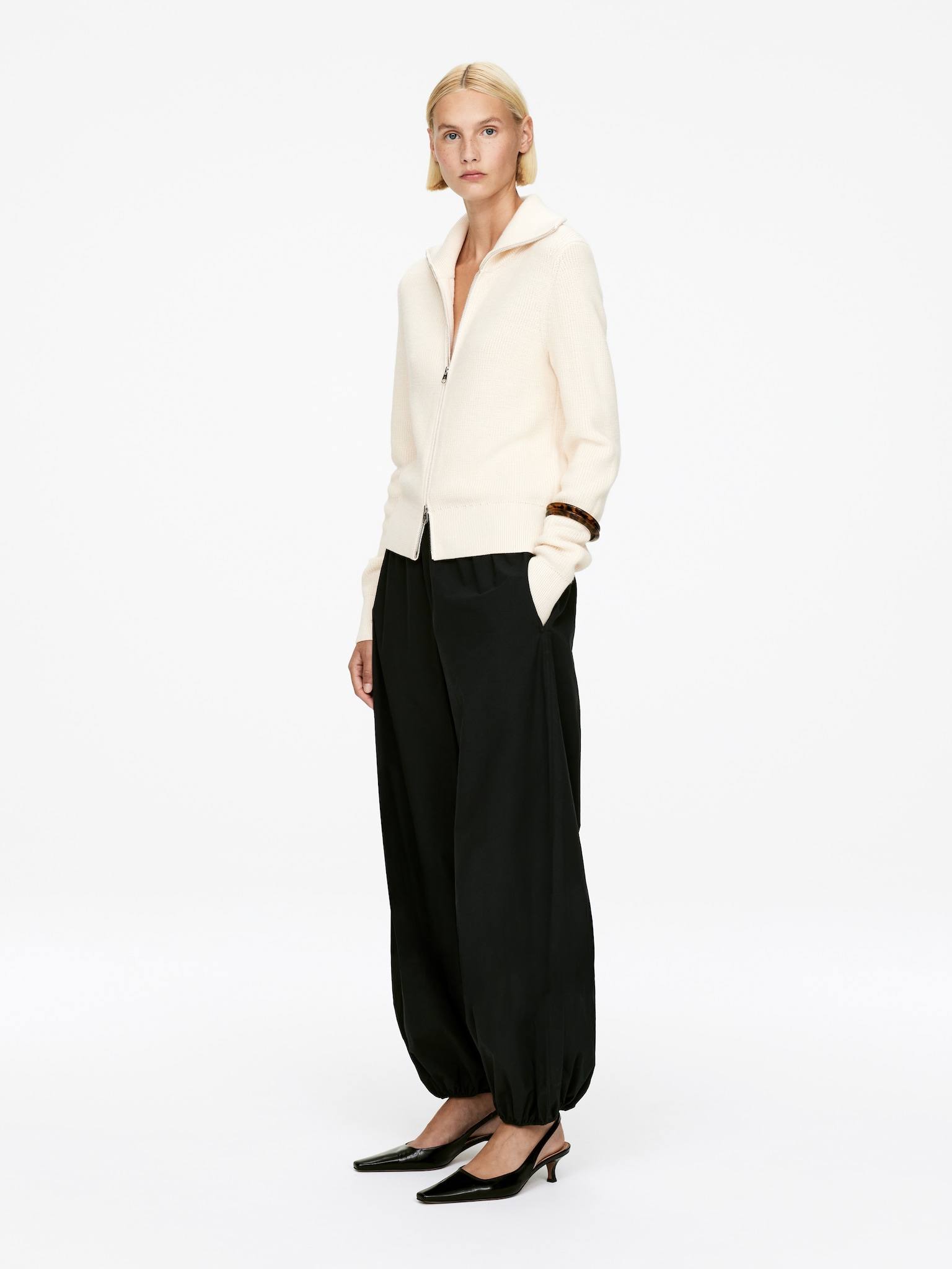 Cardigan zippé en laine et coton - Blanc cassé - 6