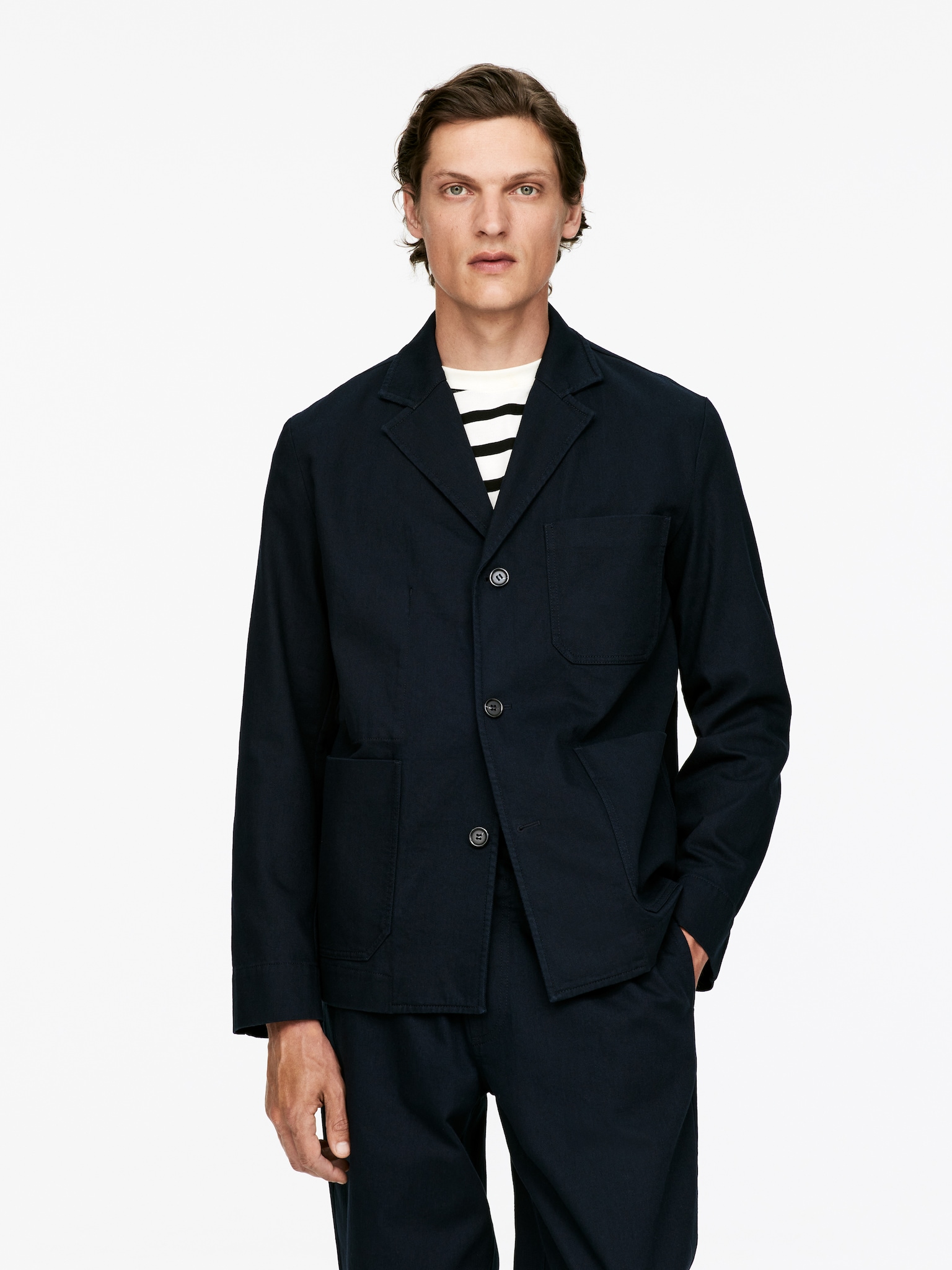 Blazer en coton et lin - Bleu foncé/Blanc - 7