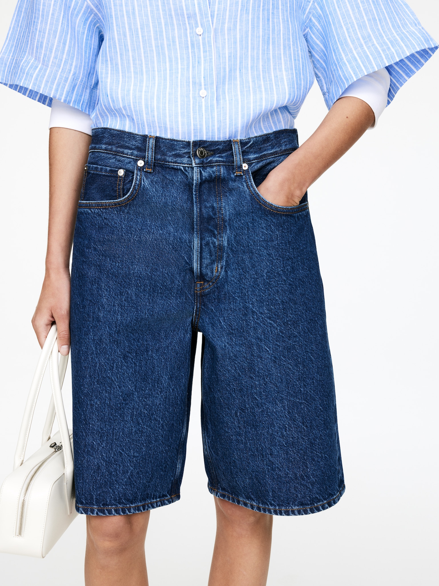 Long Denim Shorts - Bleu foncé/Blanc/Beige - 3