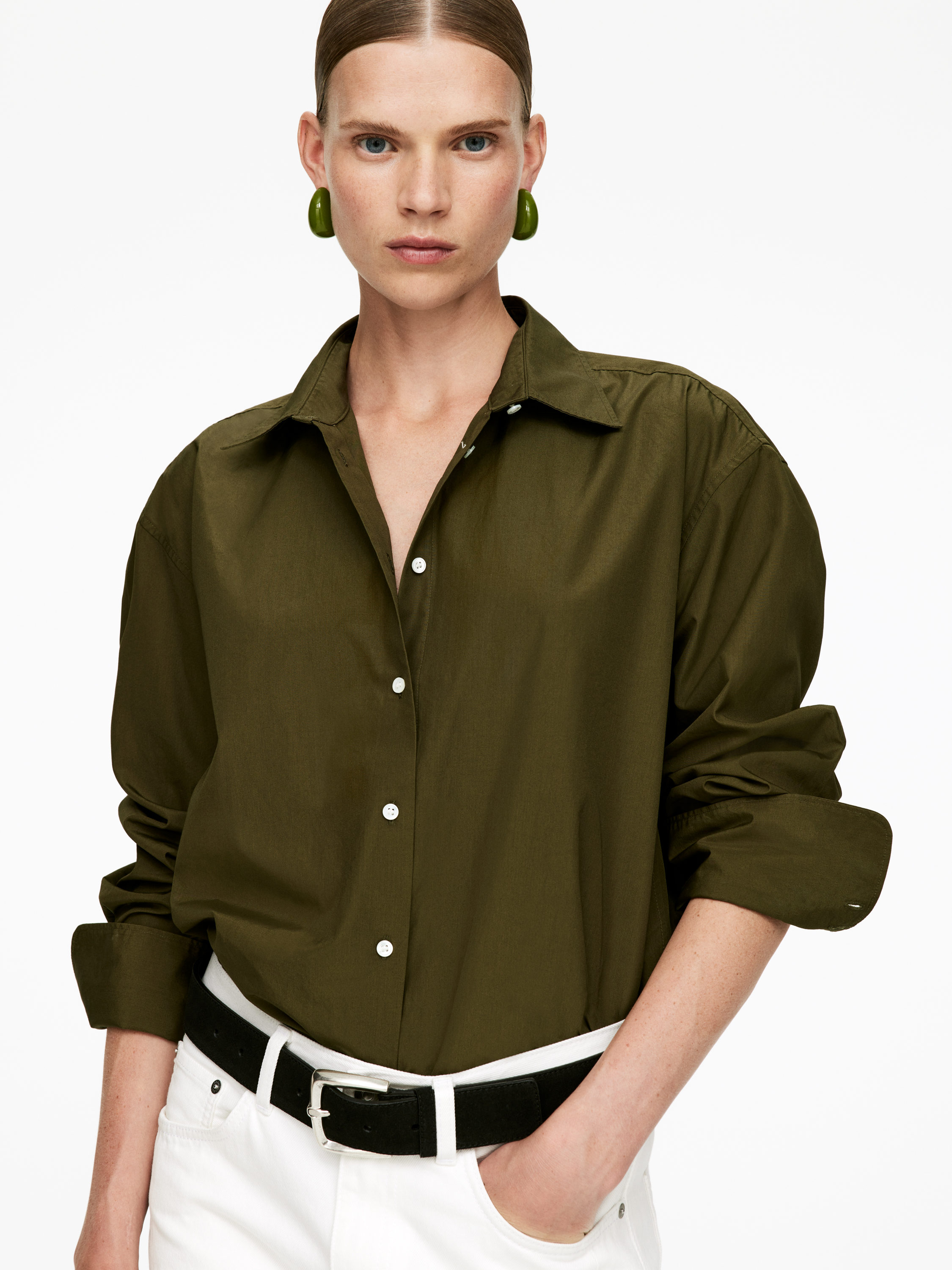 Cotton Poplin Shirt - Khaki Green - Relaxed fit - Women - StillMedia/Lookbook - 6