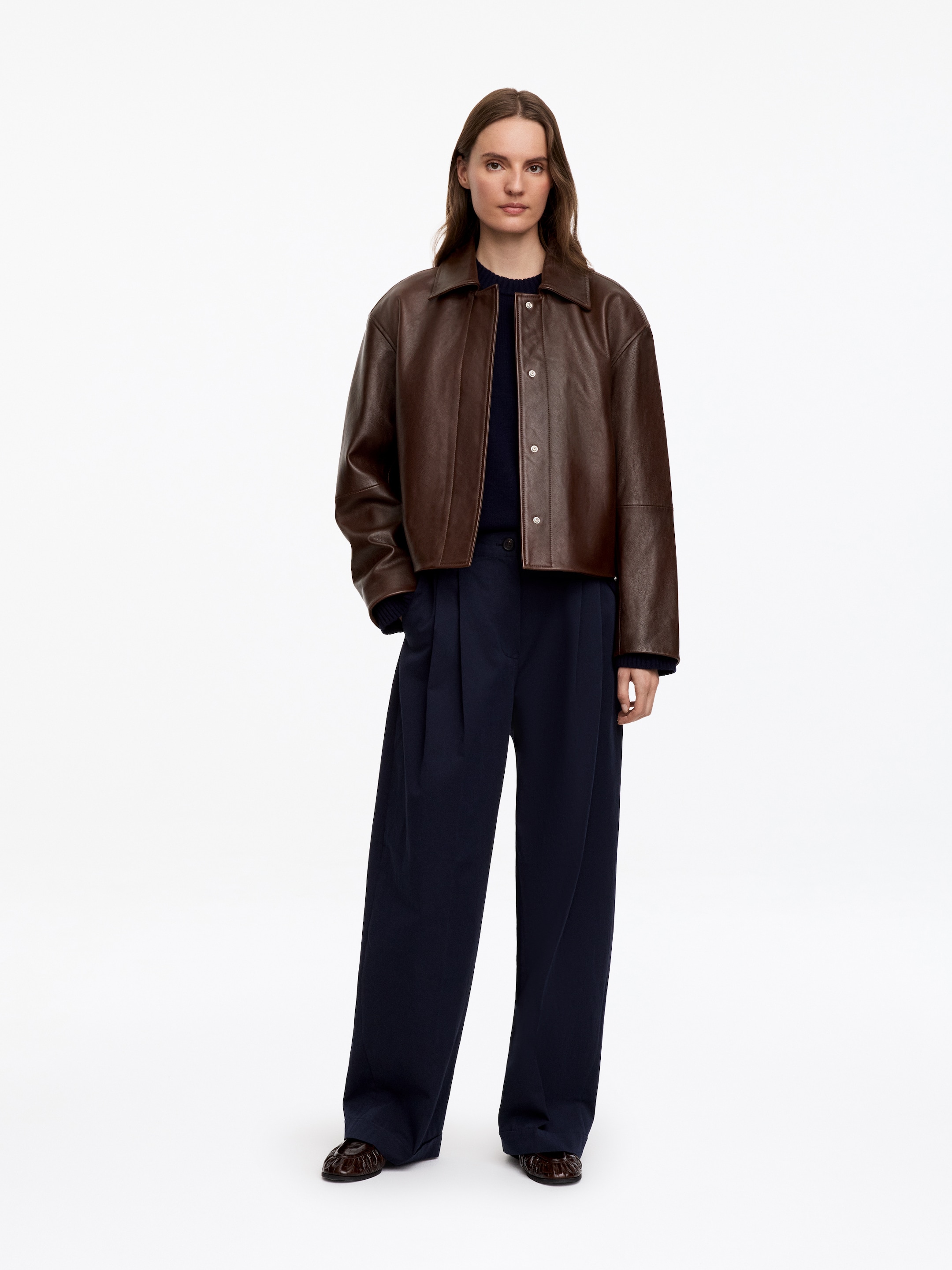 Giacca corta in pelle-Brown-20036