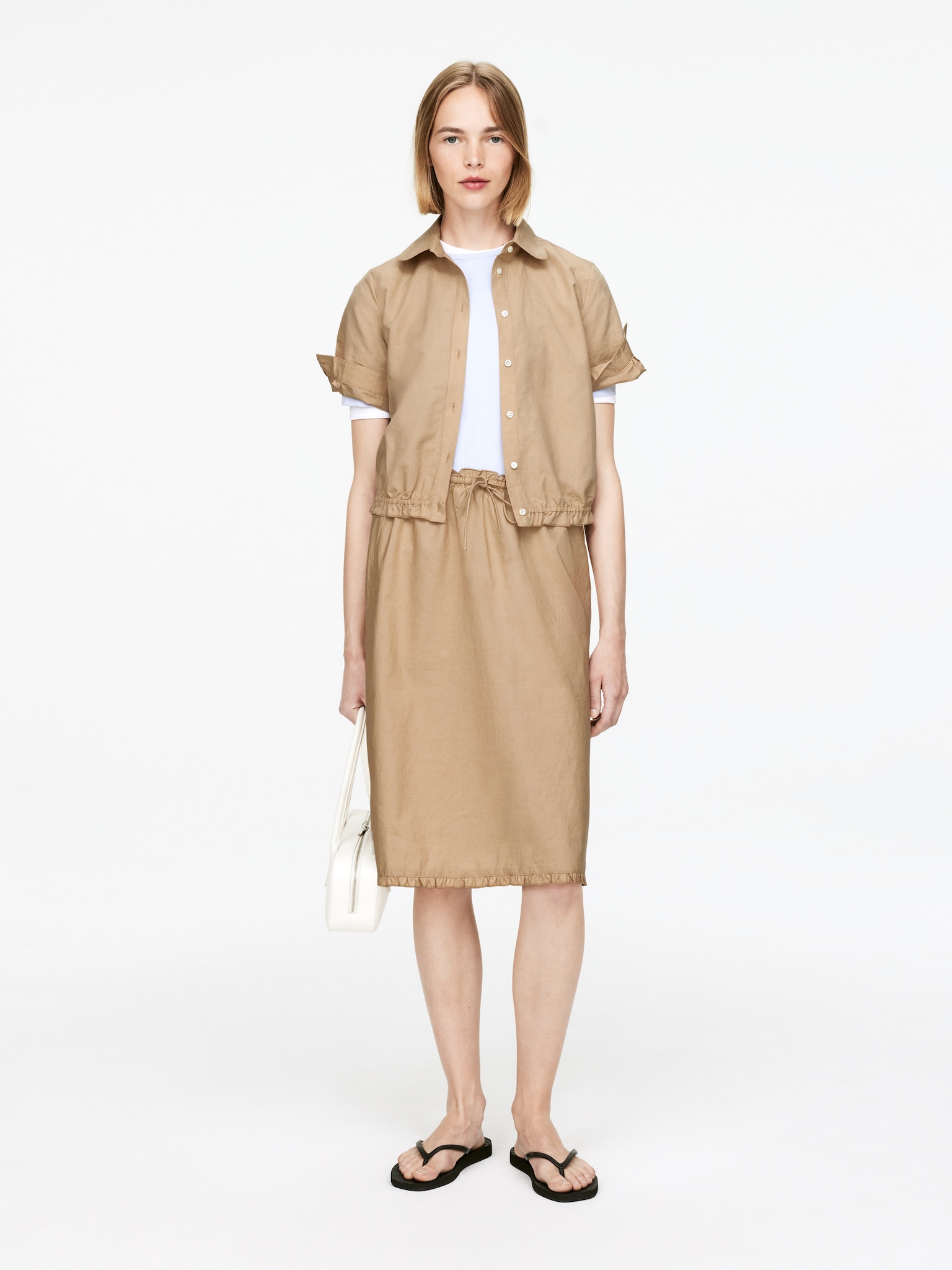 Falda con fruncidos de lino y algodón - Beige