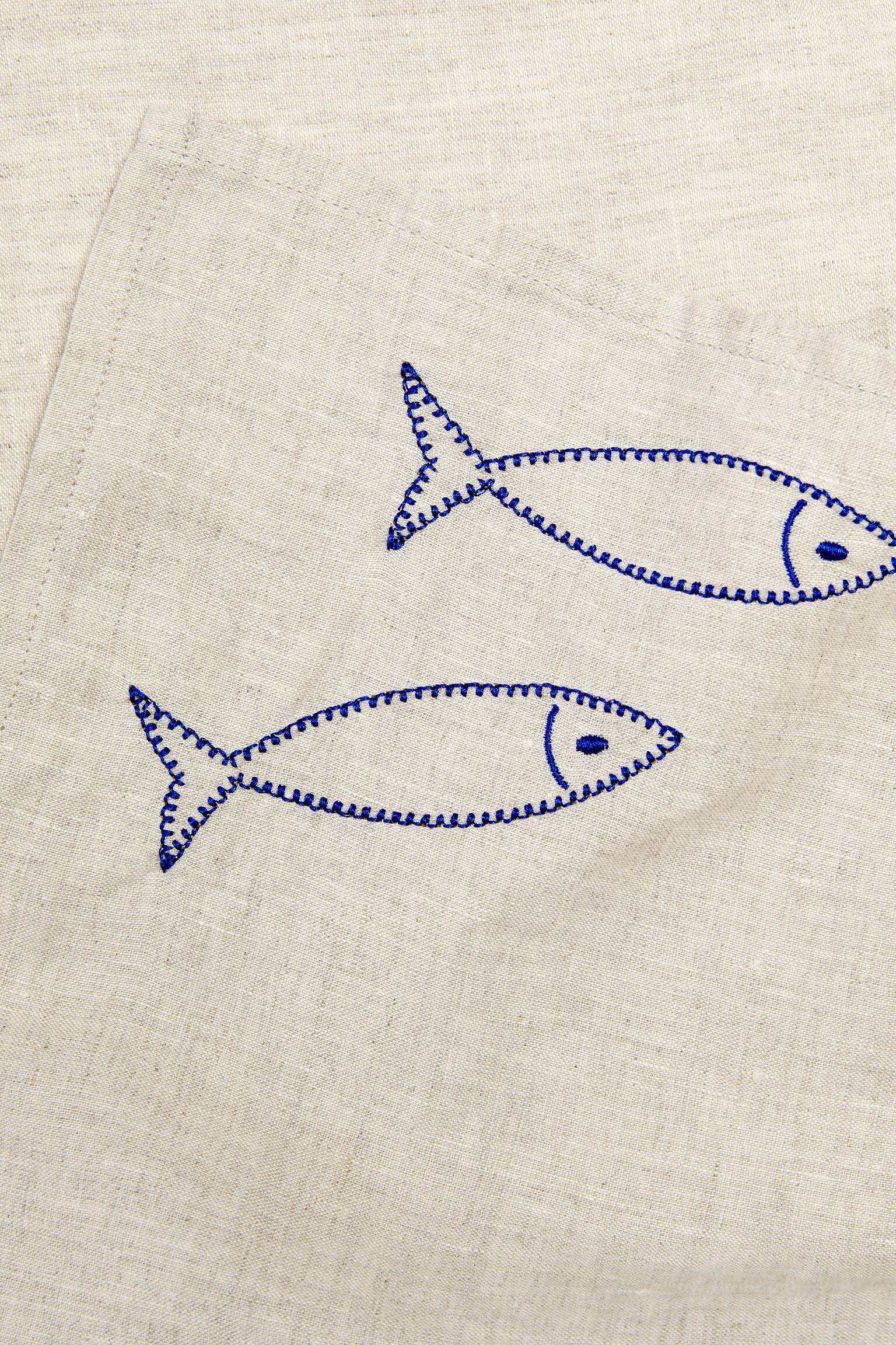 Σετ 2 λινών πετσετών με κέντημα - Μπεζ/Ψάρια/Μπεζ/Λεμόνια - 2