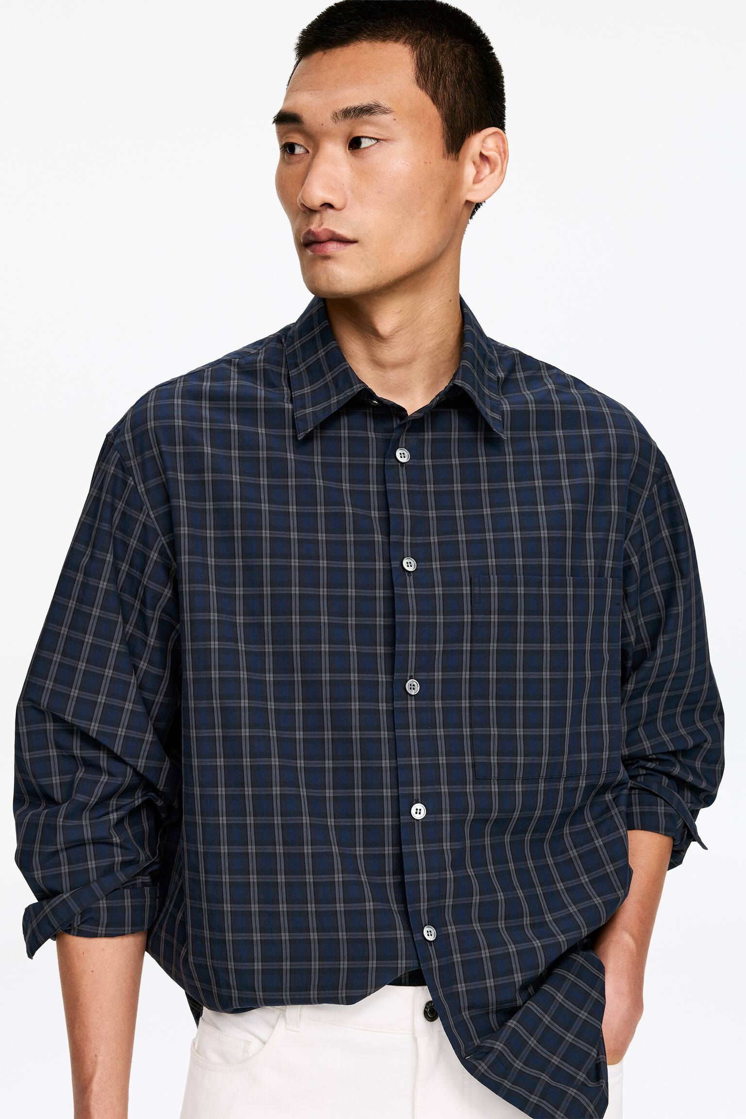 Camicia in popeline dalla vestibilità oversize - Blu/A quadri - 3