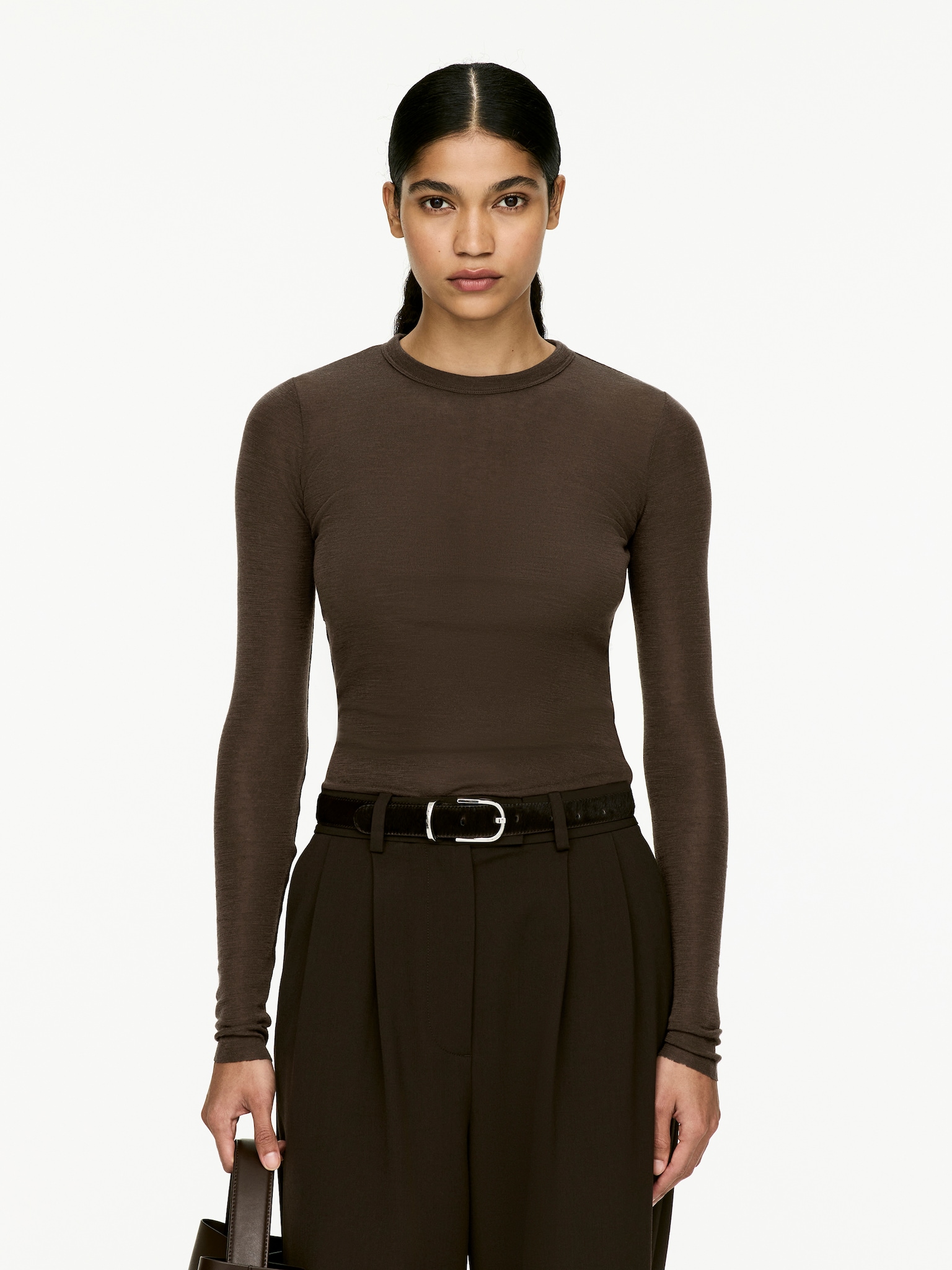 Long-Sleeved Merino Top - Dark Brown/Dark Mustard/Dark Grey Melange/Black - 1