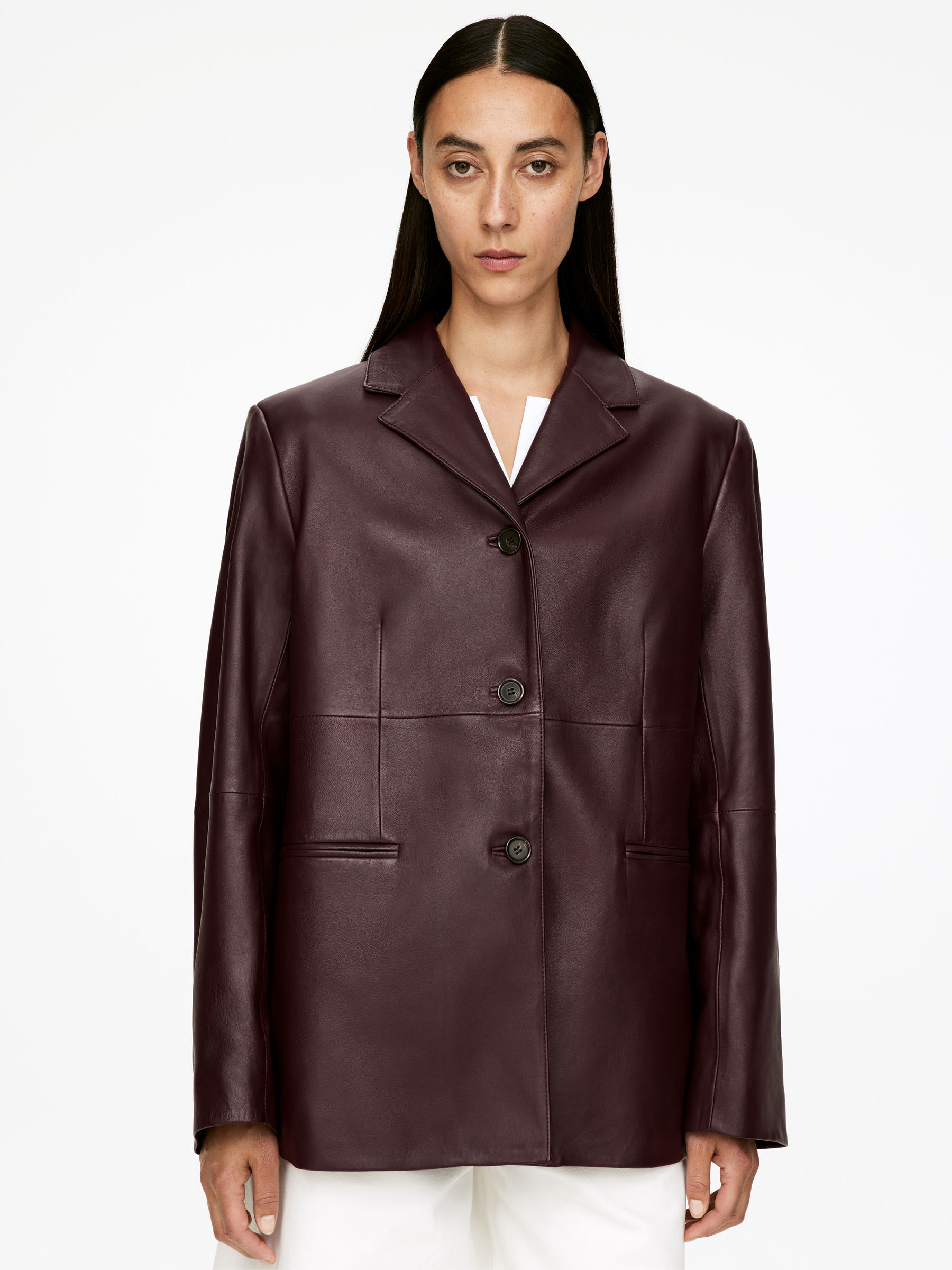 Single-Breasted Leather Jacket - Dark Red - Relaxed fit - Women - StillMedia/Lookbook - 3