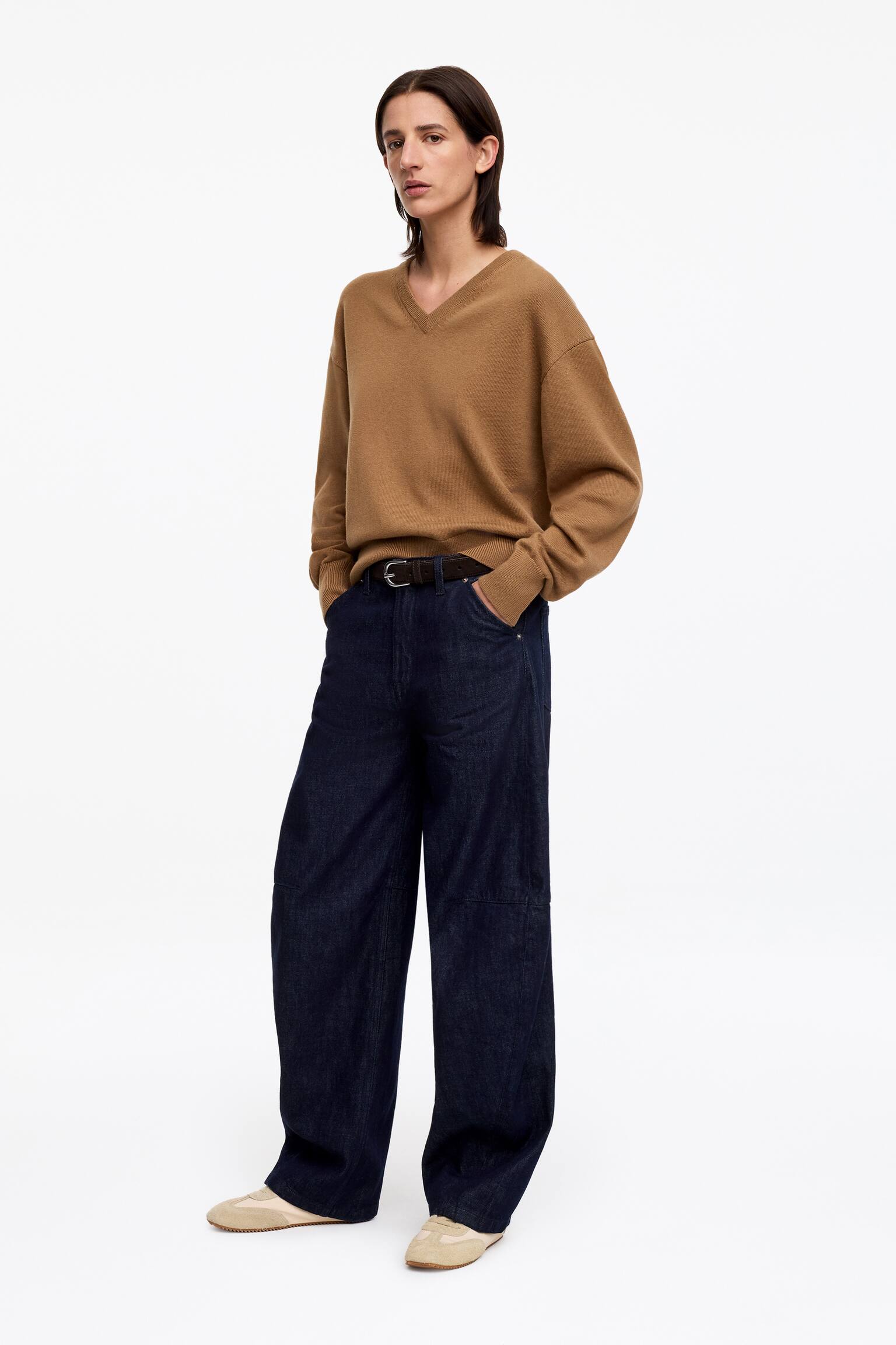 Sveter s výstrihom do V z bavlny a vlny - Hnedá/Sivá melírovaná - 4