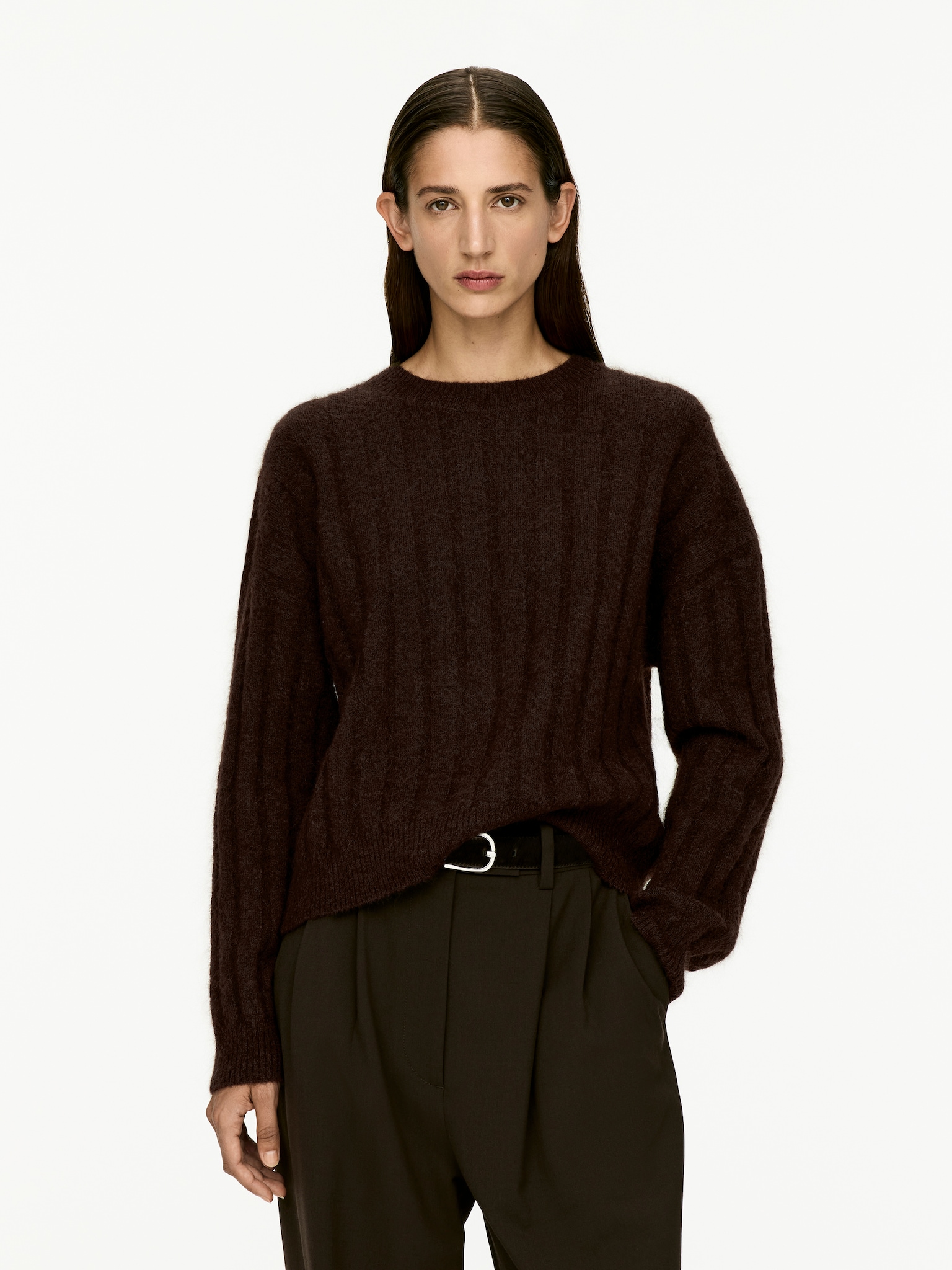 Pullover aus Mohair und Wolle - Dunkelbraun/Altrosa - 1