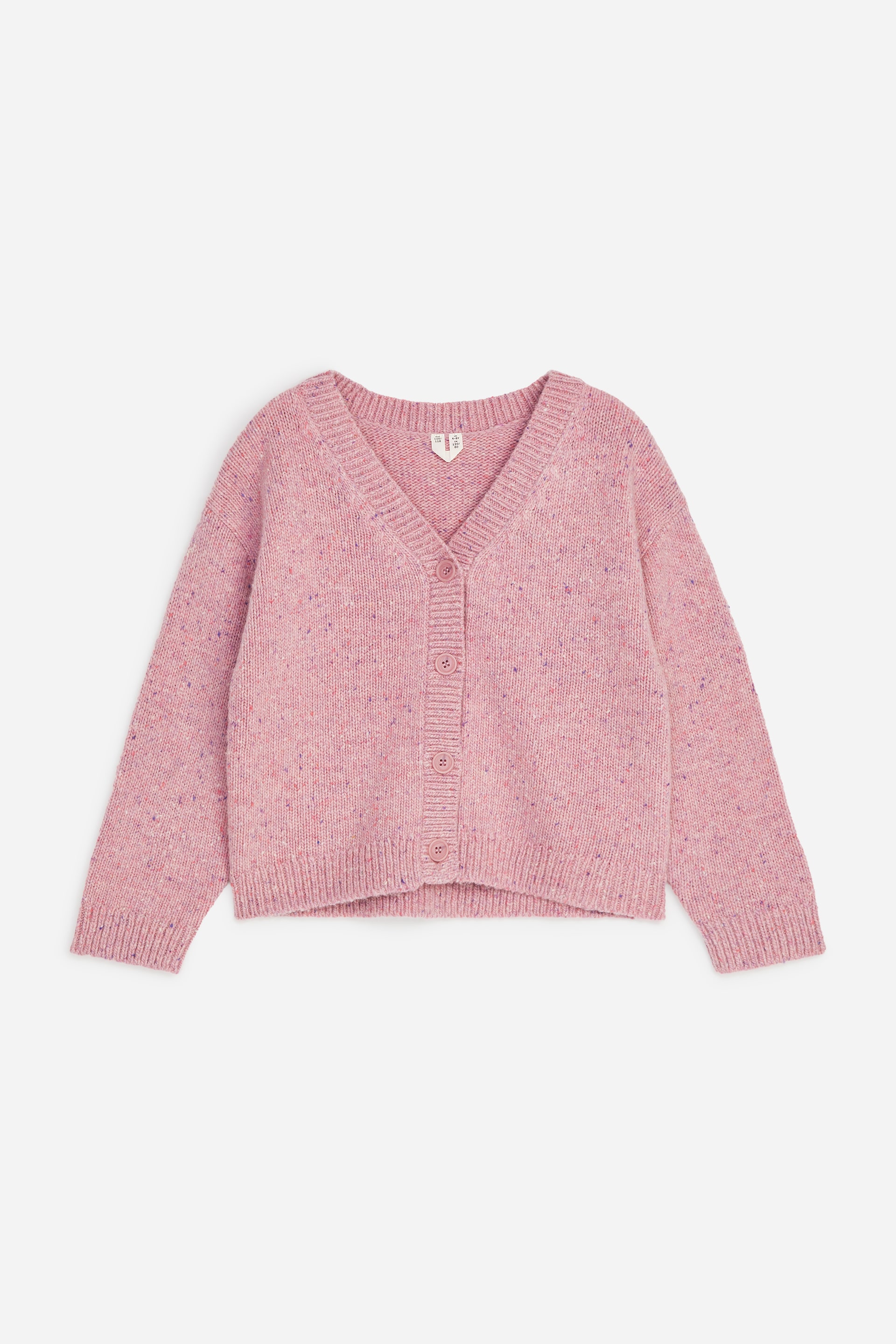 View larger image: A pink flecked knitted cardigan is shown from the front, featuring a deep V-neckline and a four-button front fastening. The cardigan features ribbed trim along the neckline, placket, cuffs, and hem.