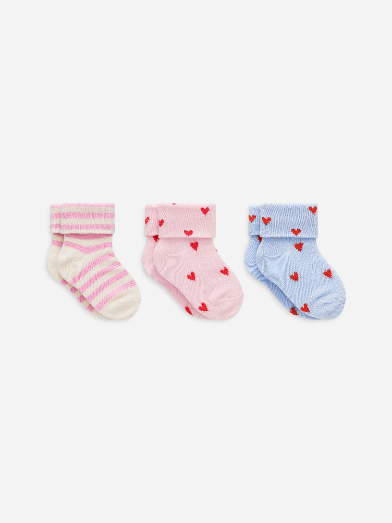 Gerippte Socken, 3er-Pack - Blau/Herzen/Grün/Beige/Cremeweiß/Rot
