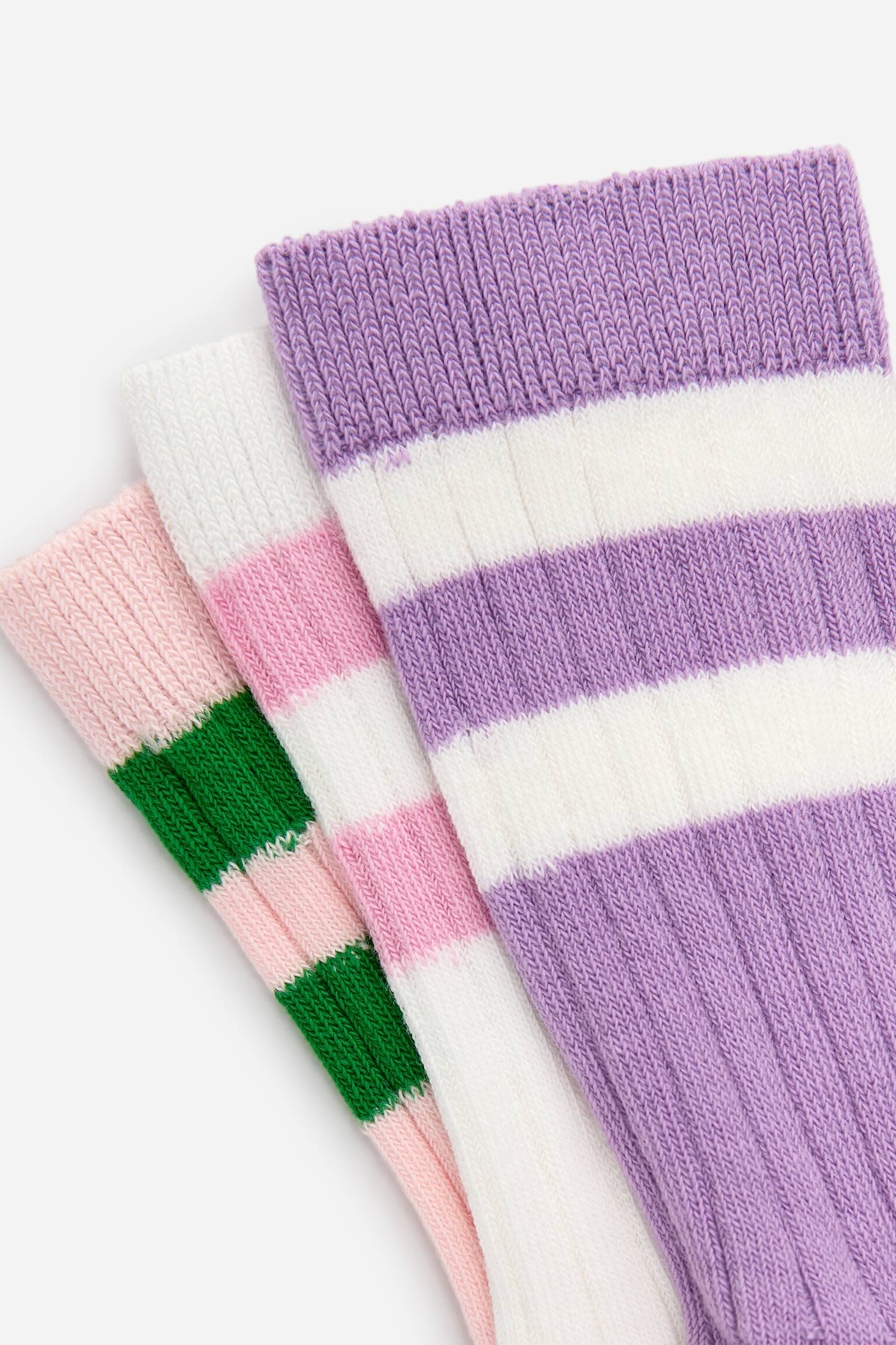 Ribbstickade strumpor, 3-pack - Lila/vit/rosa/Grön/vit/blå/Blå/vit/svart/Rosa/vit/lila - 2