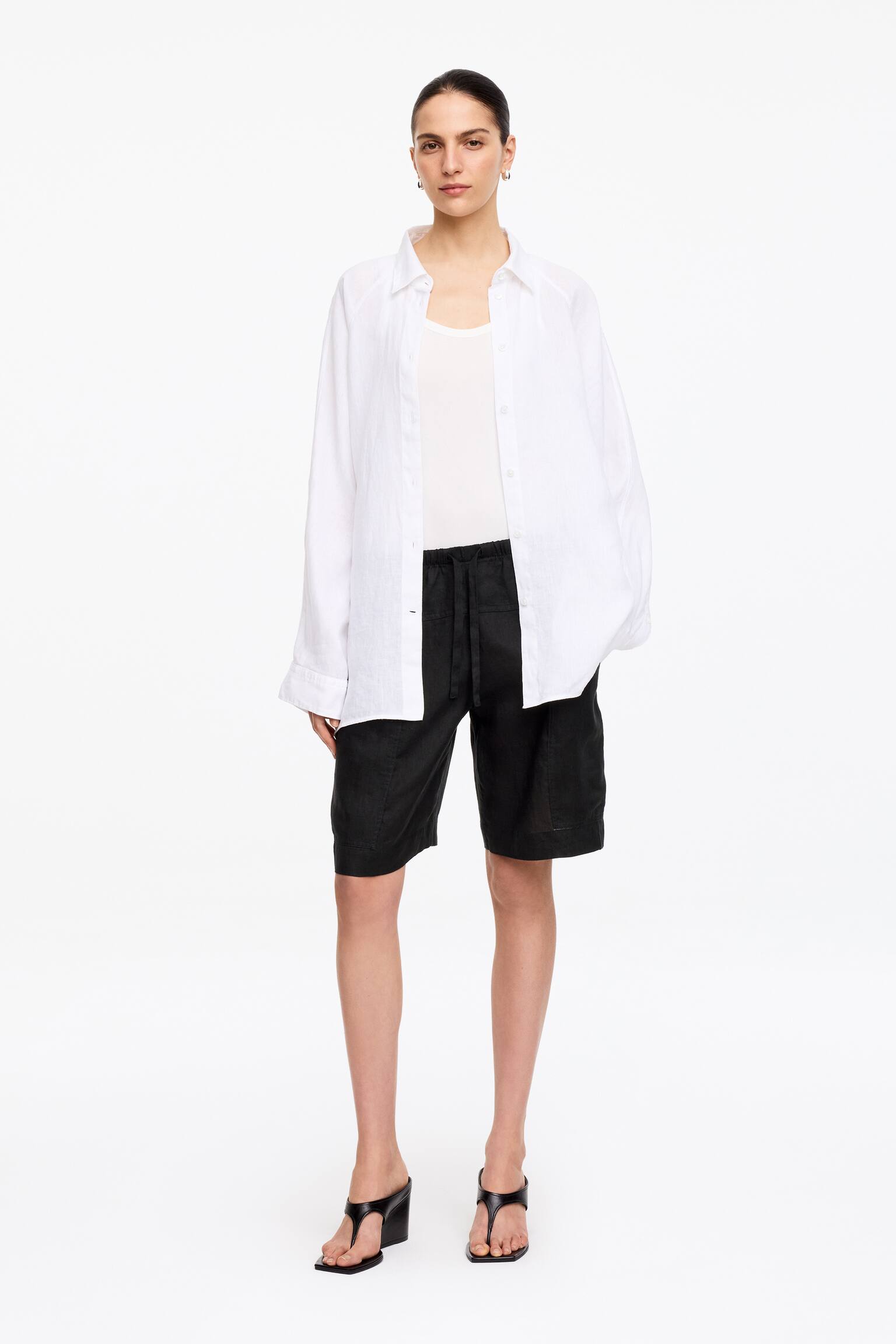 Shorts in lino - Nero/Verde kaki - 1
