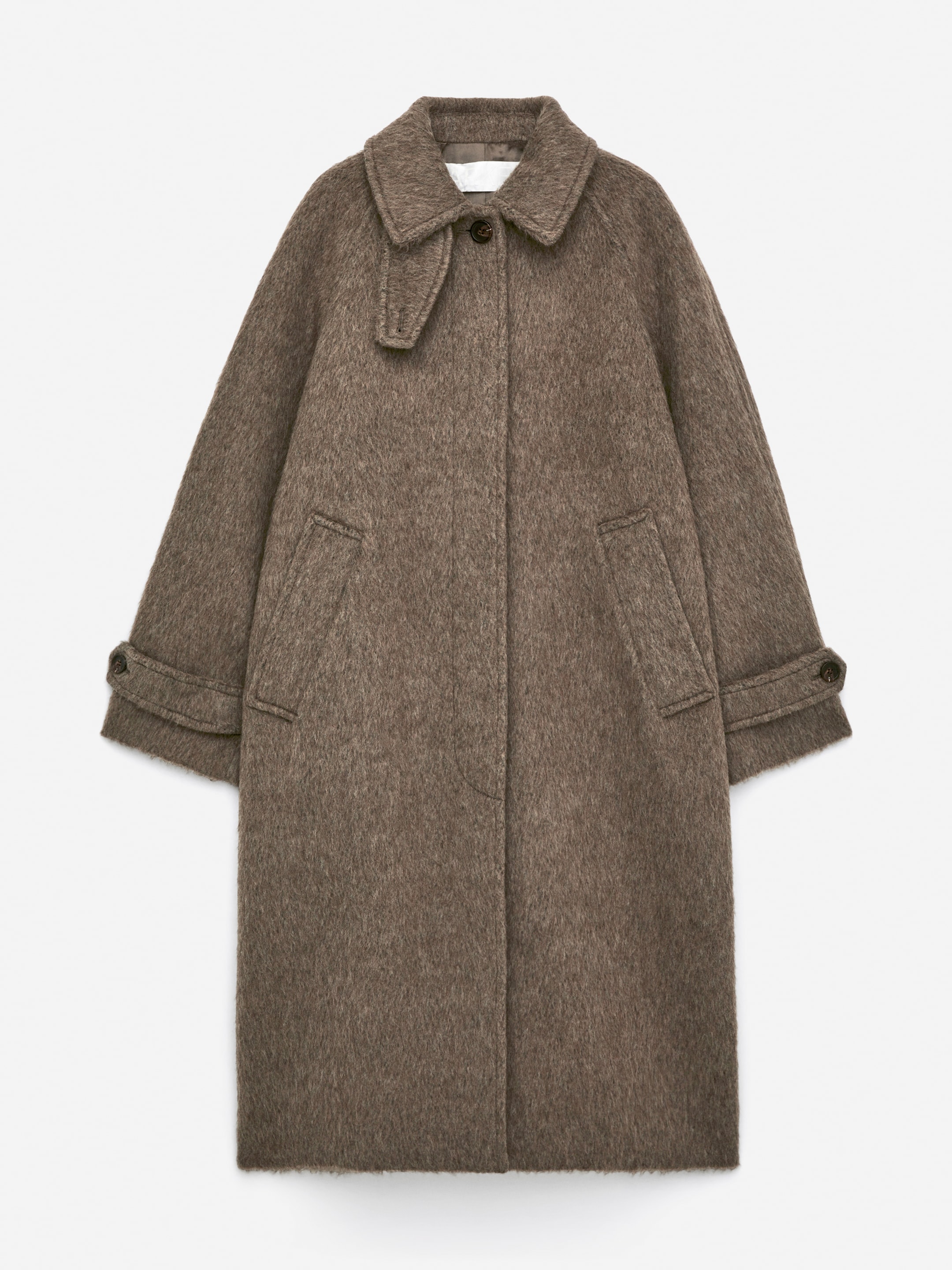 View larger image: A front view of a brown, single-breasted coat is displaying its brushed wool and alpaca blend texture. It is featuring raglan sleeves, a collar with a detachable storm flap, concealed button fastening, welt pockets at the sides, and buttoned tabs at the cuffs.