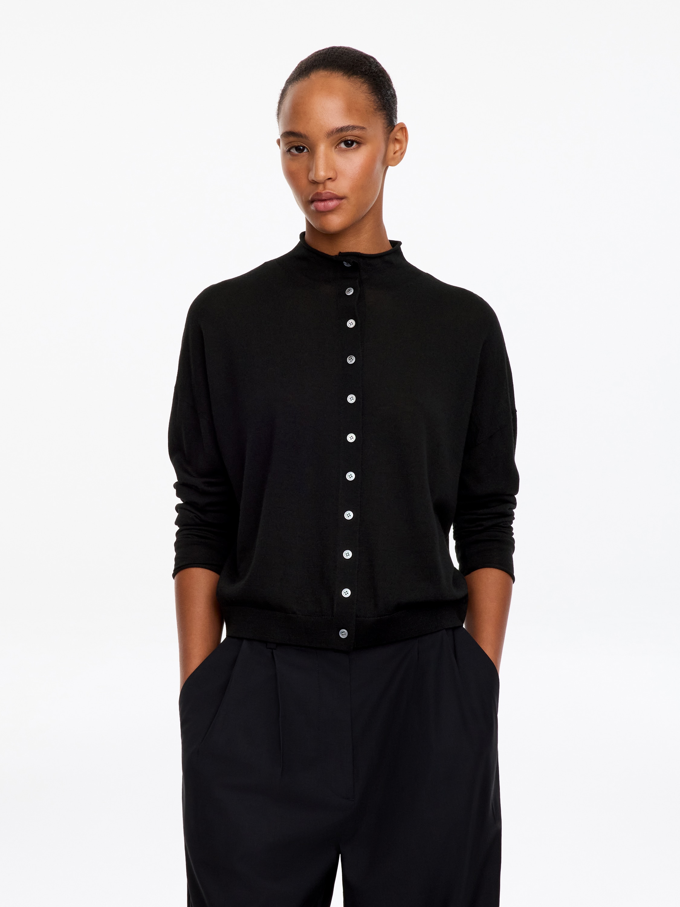 Cardigan in misto lana a collo a lupetto - Nero/Bianco sporco