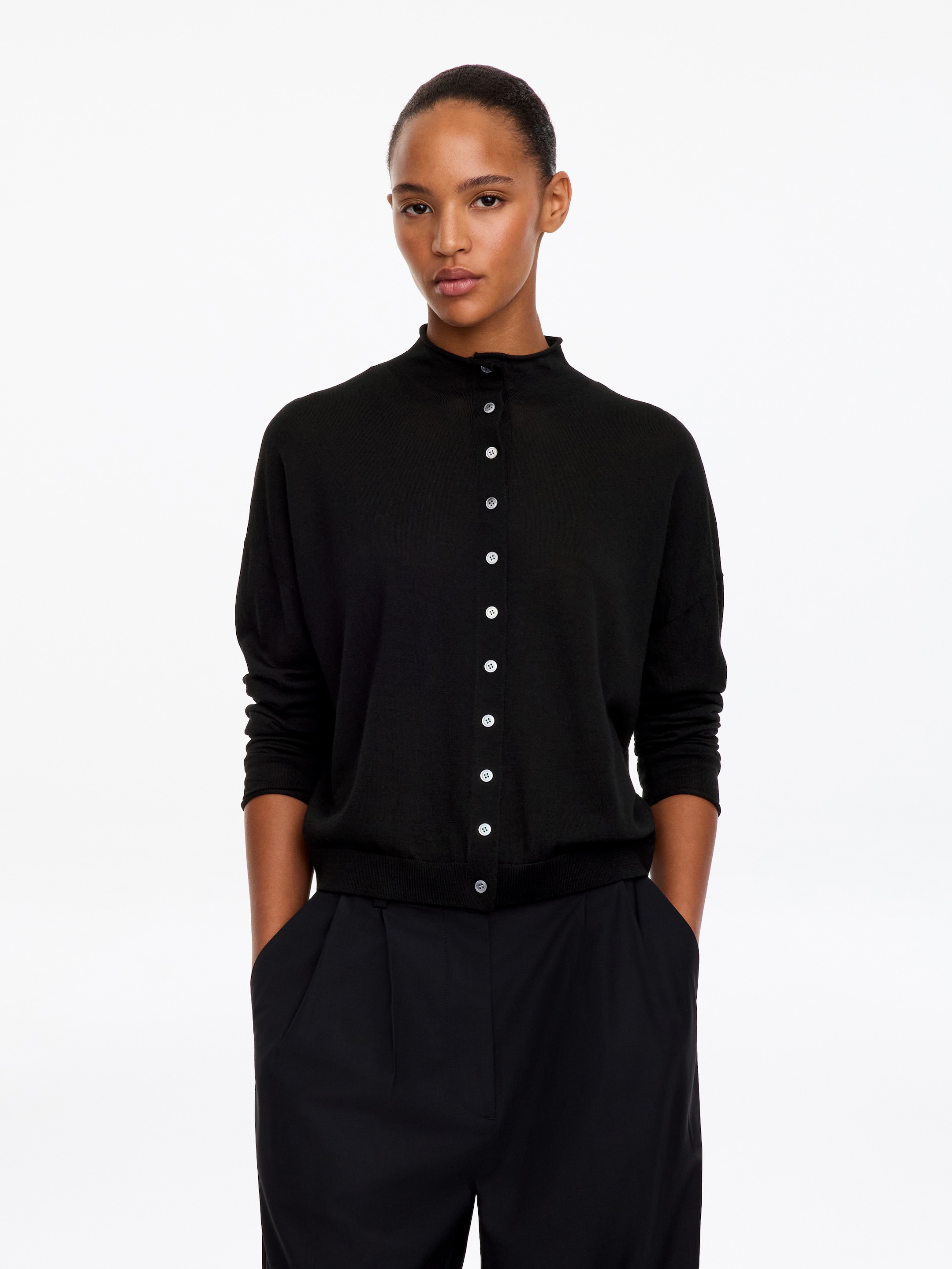 Wool-Blend Mock-Neck Cardigan-Black-20075