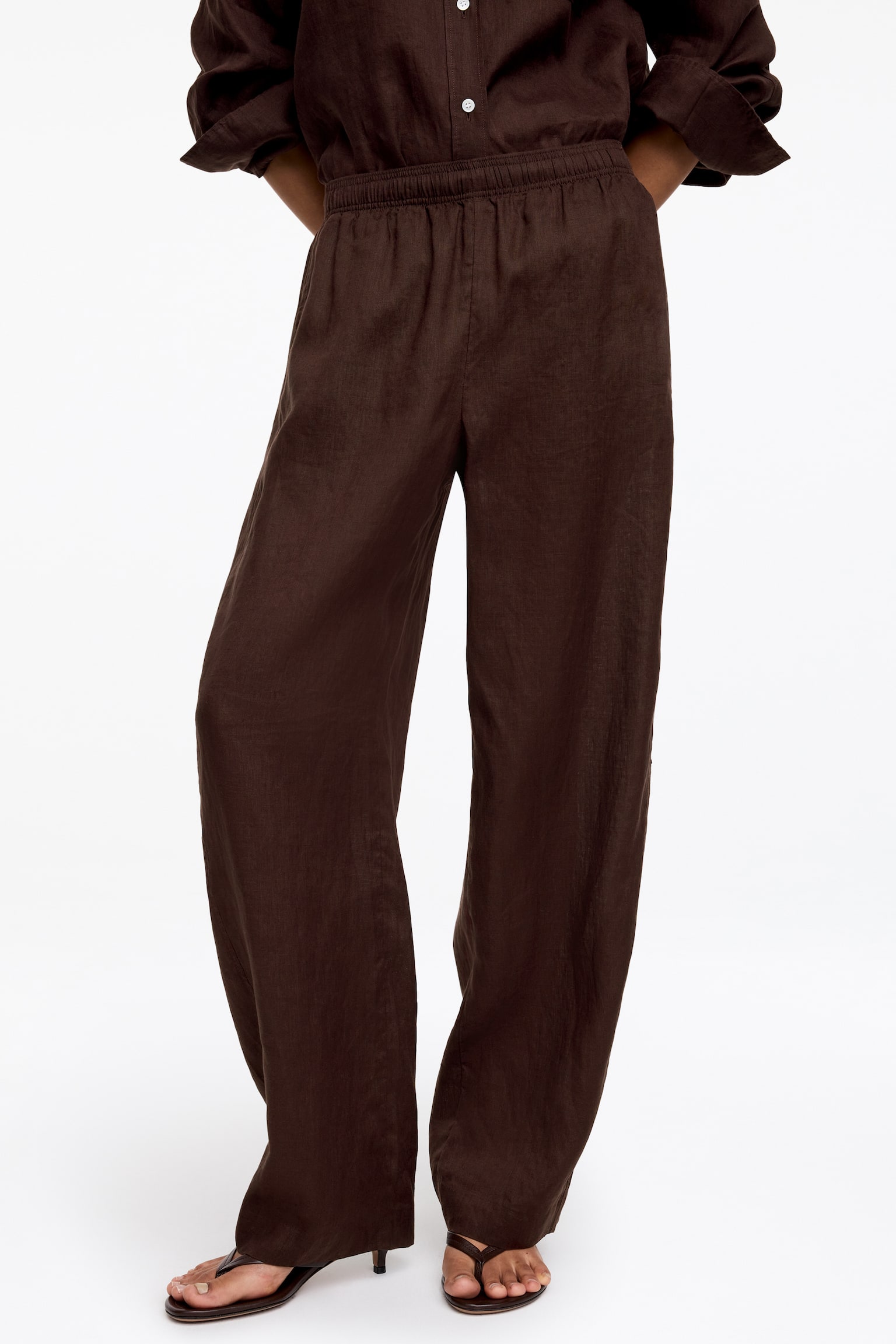 Панталони от лен с широк крачол - Тъмнокафяво/Червен - 5