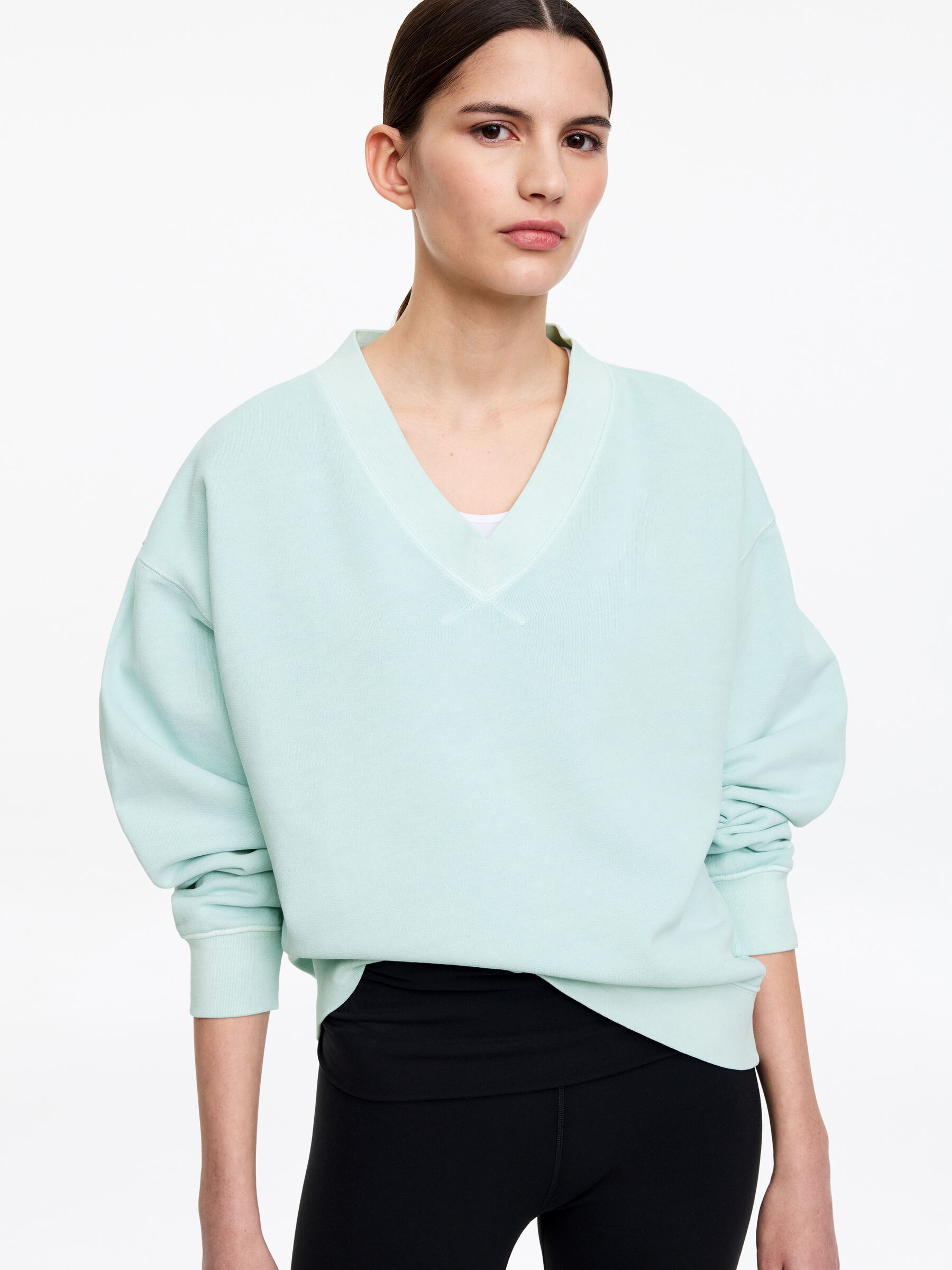 V-Neck Sweatshirt - Light Turquoise - Loose fit - Women - StillMedia/Lookbook - 2