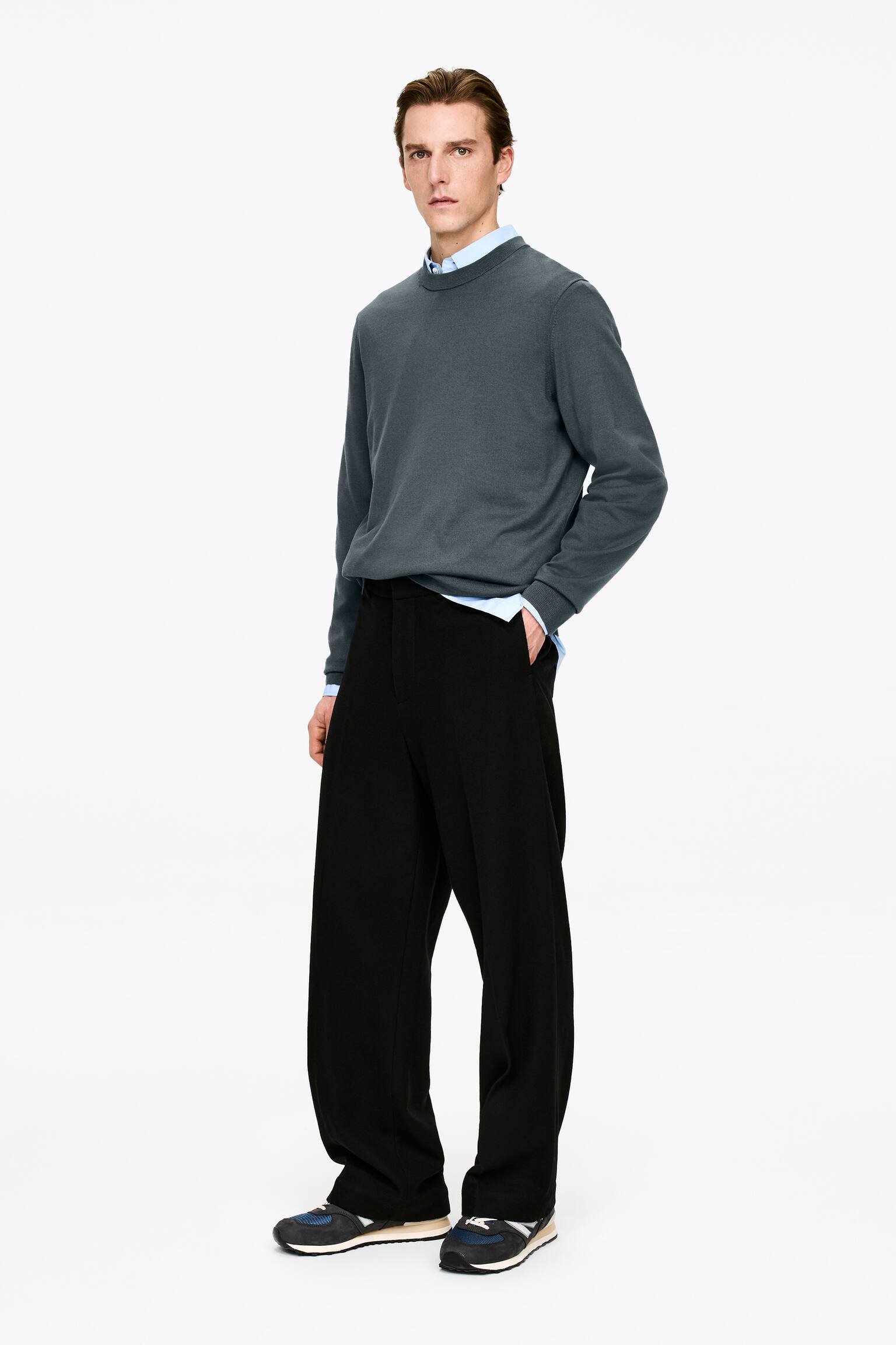 Finstickad tröja i merinoull - Mörkgrå/Mullvadsgrå/Dark Blue/Mörkgrön - 3