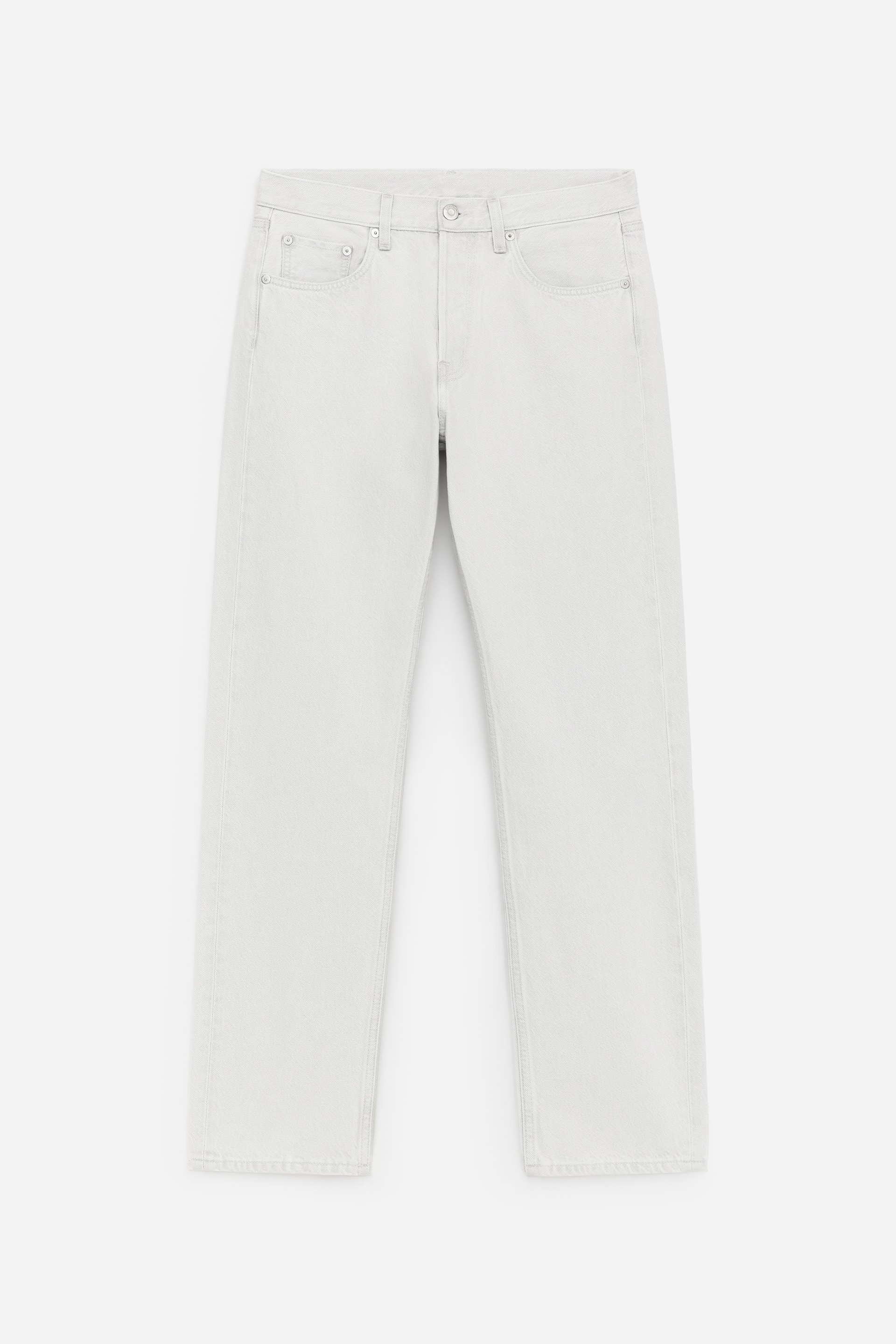 Visualizza l'immagine ingrandita: Un paio di jeans SNOW viene mostrato in vista frontale, con vita media, vestibilità slim, gambe dritte, chiusura a bottoni e la classica configurazione cinque tasche con rivetti metallici visibili.