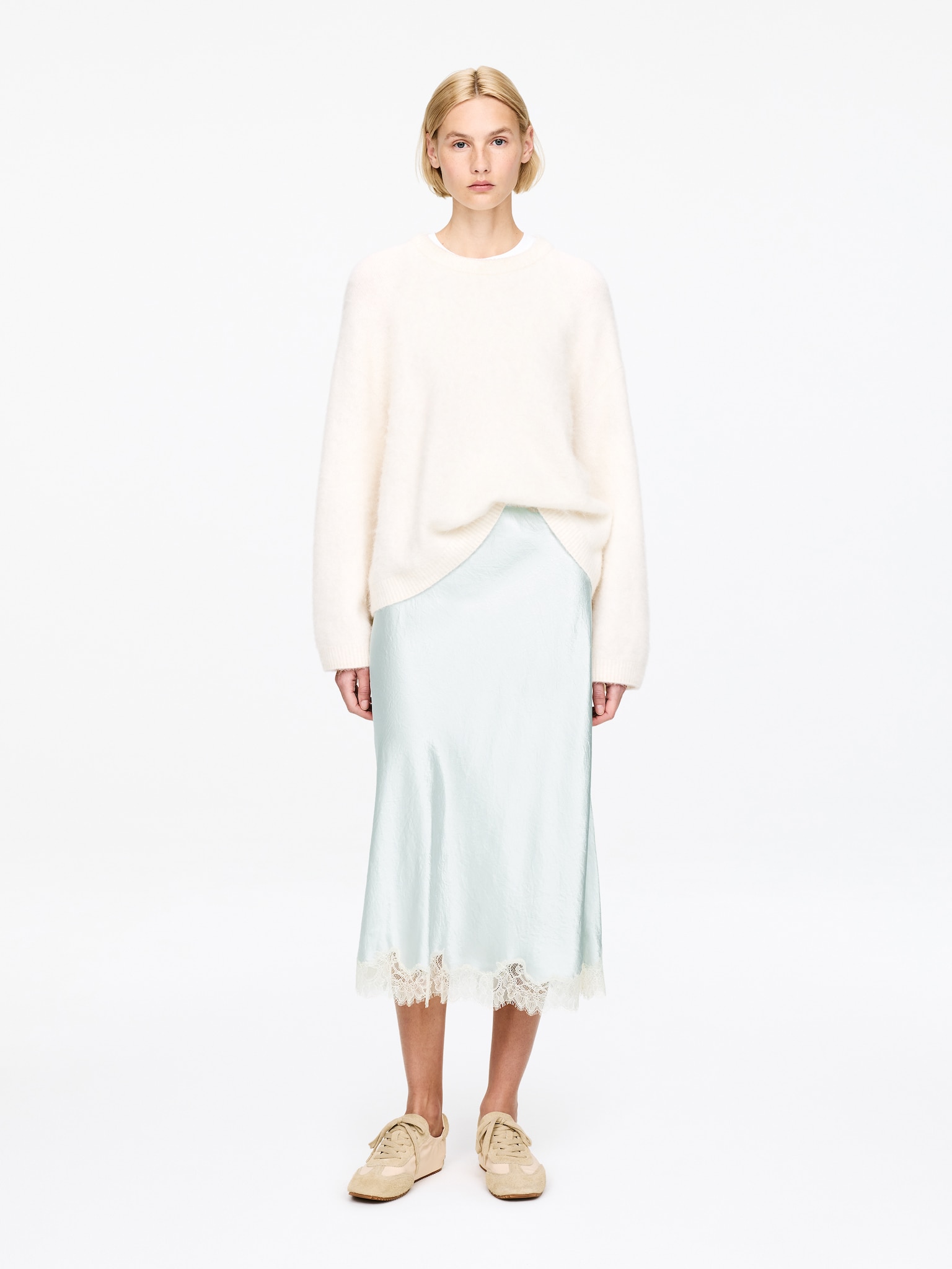 Lace-Detail Satin Skirt - Dusty Turquoise - 1