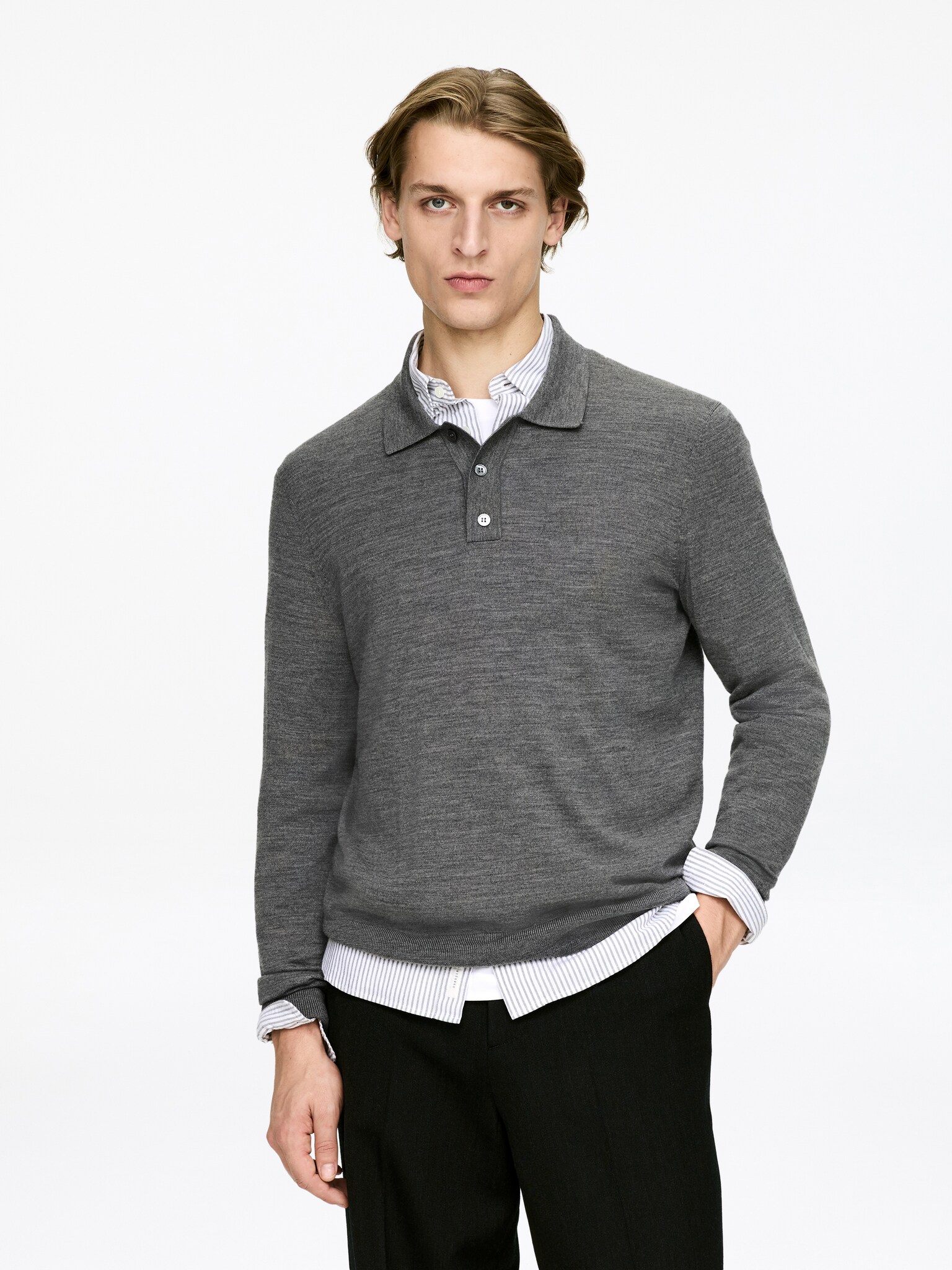Polo en laine mérinos - Gris chiné/Vert foncé/Bleu foncé/Noir/Marron foncé/Taupe clair
