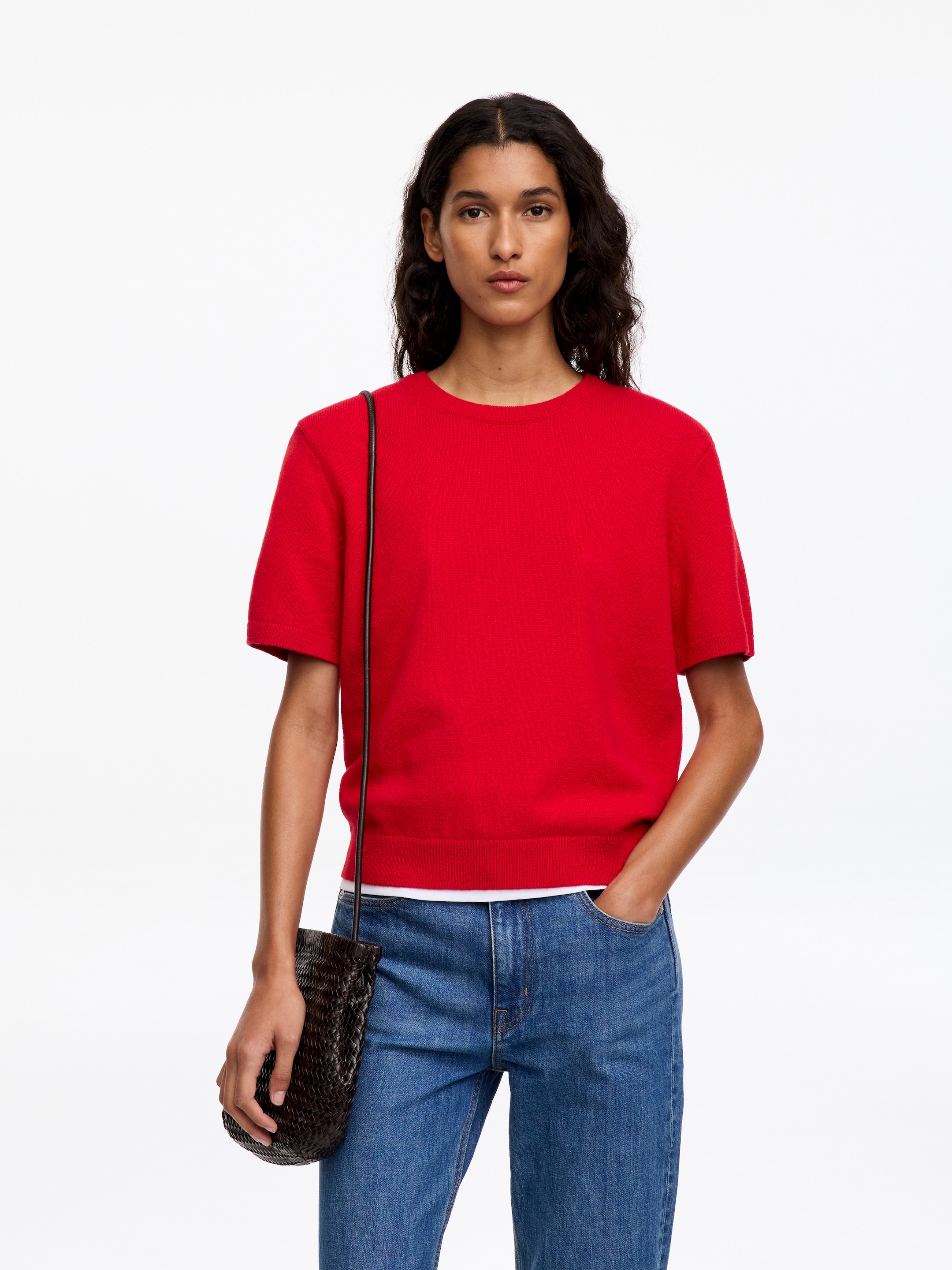 Jersey de lana y algodón de manga corta-Red-20283