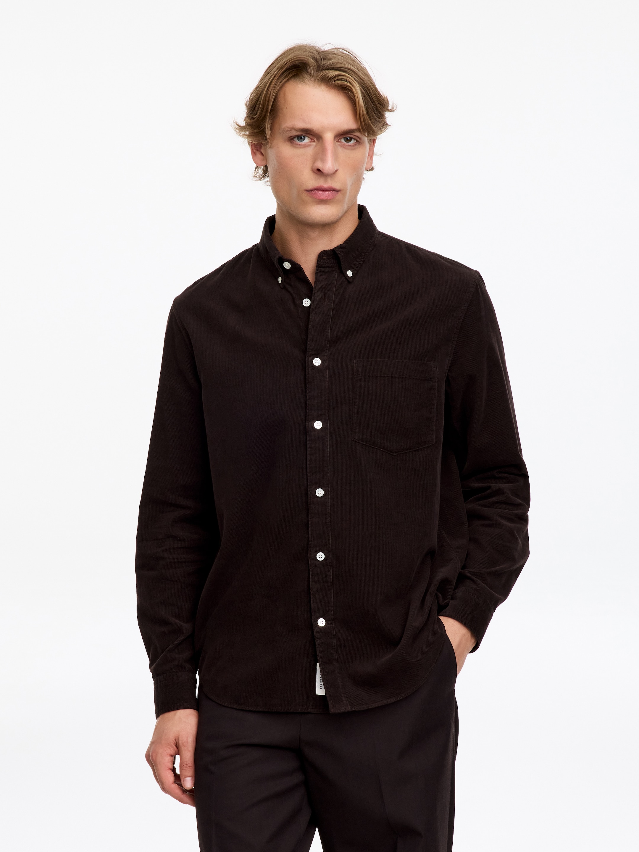 Camicia in cotone a coste sottili-Brown-20882
