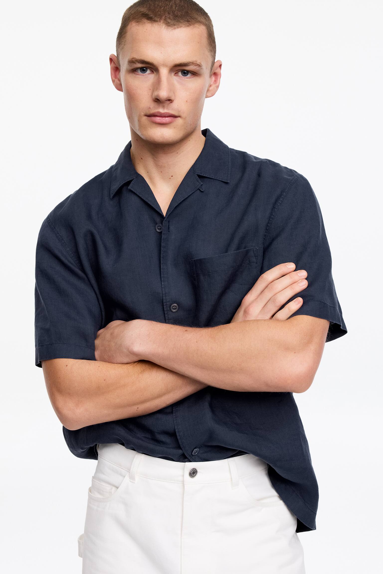 Resortskjorta i linne - Mörkblå/Vit/Brun - 5