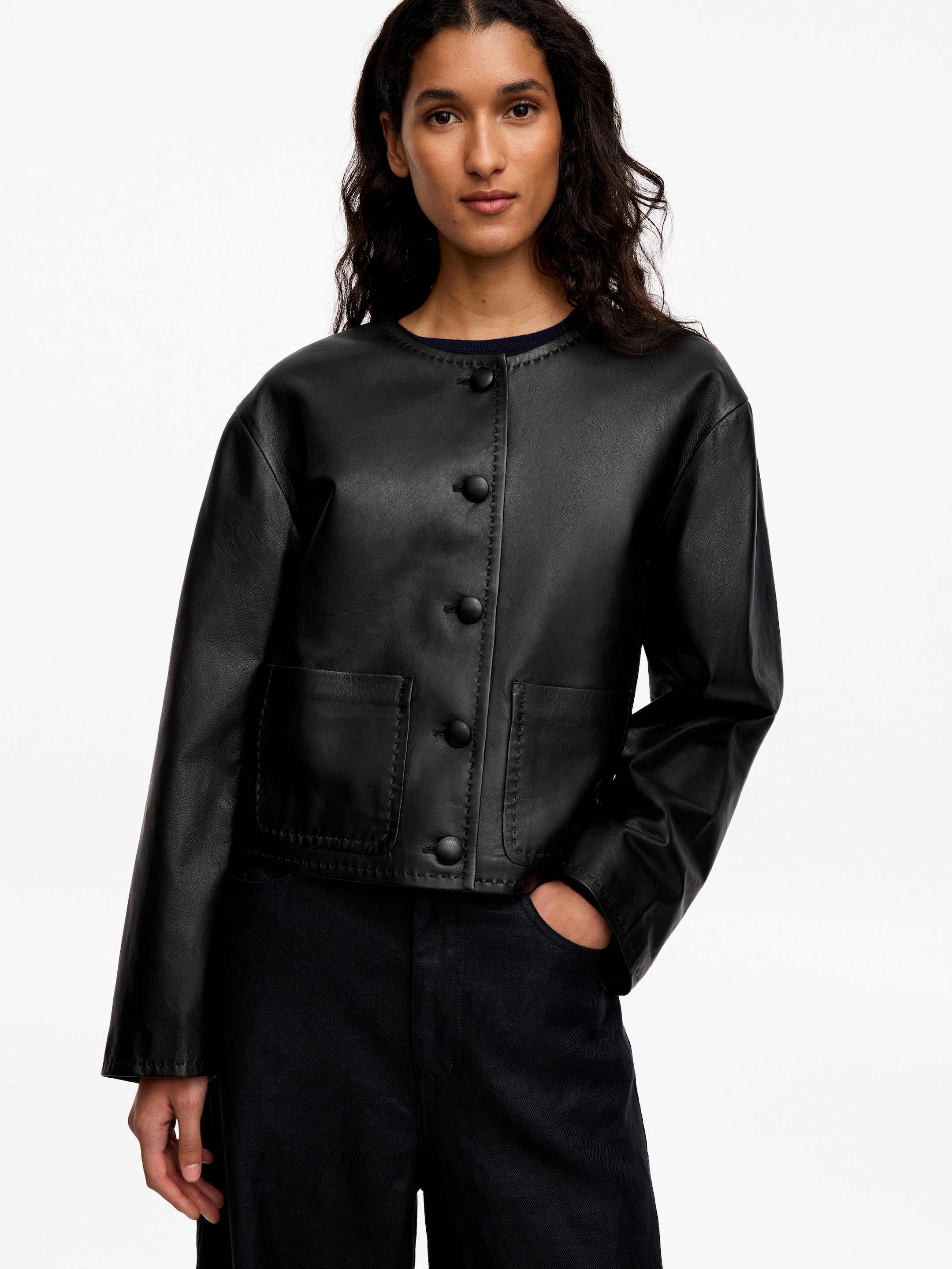 Collarless Leather Jacket - Black - Regular fit - Women - StillMedia/Lookbook - 2